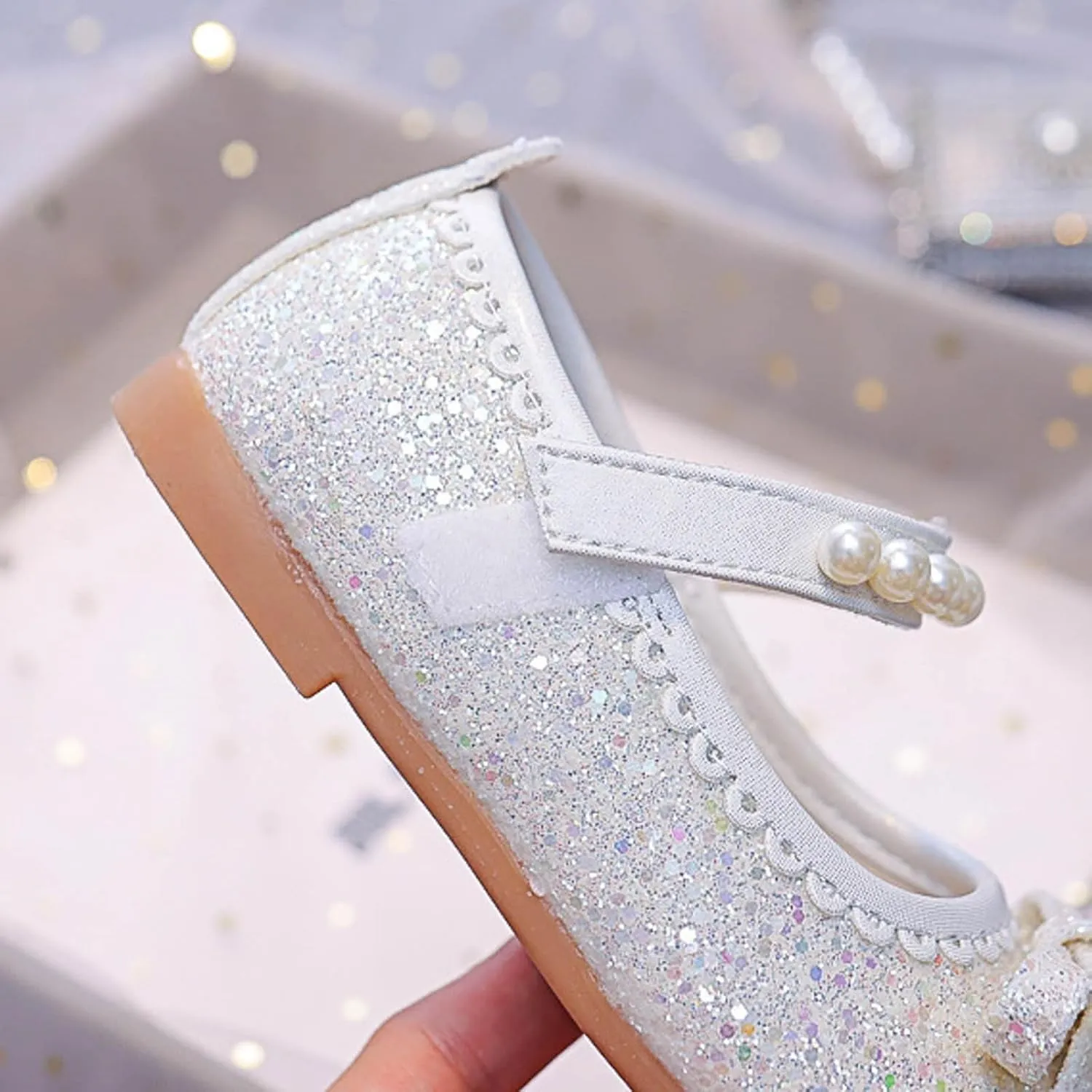 Girl's Mary Jane Bow Elastic Strap Ballerina Flat Flower Bridesmaids Heels Glitter Princess Shoes Baptism Dress Shoes