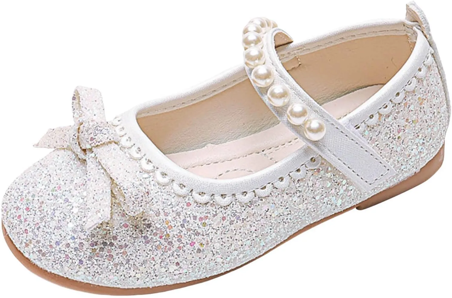 Girl's Mary Jane Bow Elastic Strap Ballerina Flat Flower Bridesmaids Heels Glitter Princess Shoes Baptism Dress Shoes