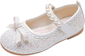 Girl's Mary Jane Bow Elastic Strap Ballerina Flat Flower Bridesmaids Heels Glitter Princess Shoes Baptism Dress Shoes