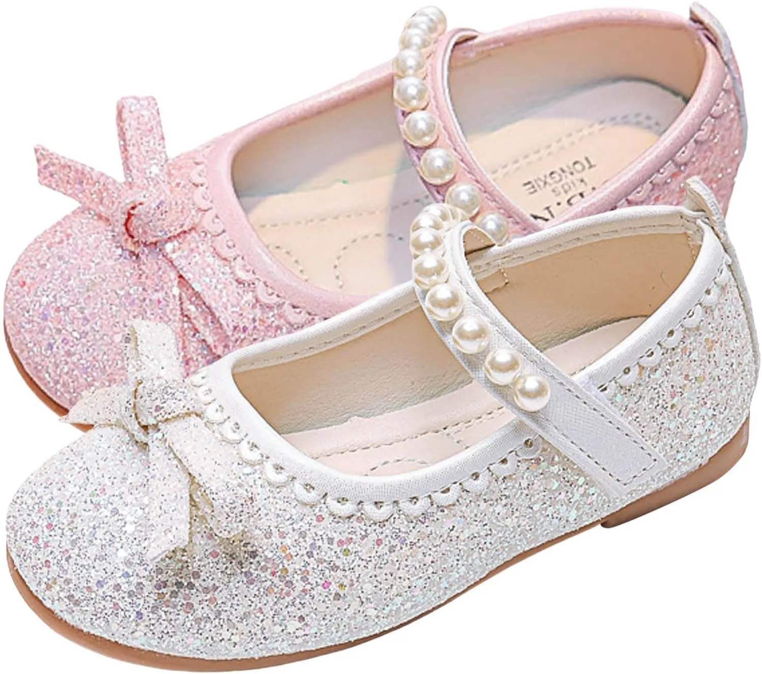Girl's Mary Jane Bow Elastic Strap Ballerina Flat Flower Bridesmaids Heels Glitter Princess Shoes Baptism Dress Shoes