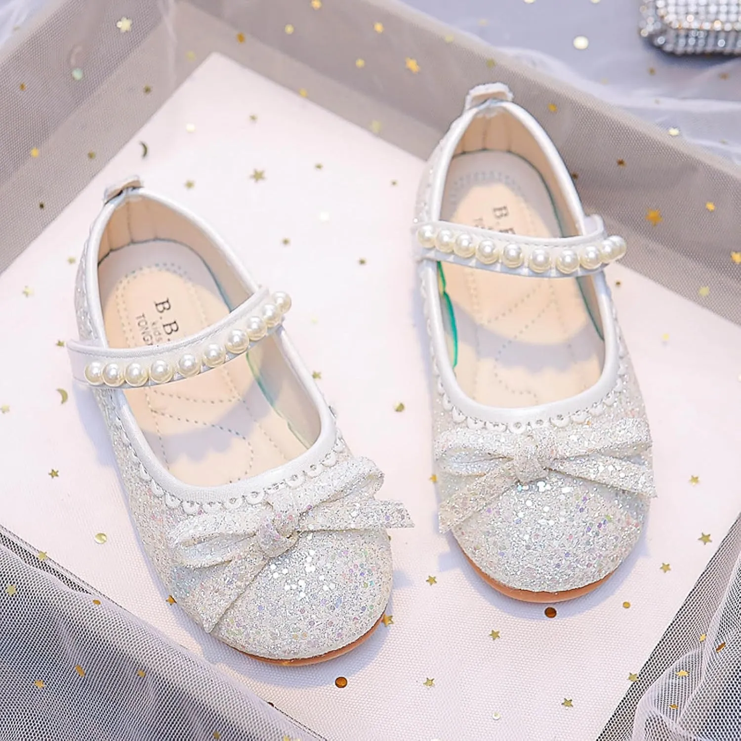 Girl's Mary Jane Bow Elastic Strap Ballerina Flat Flower Bridesmaids Heels Glitter Princess Shoes Baptism Dress Shoes