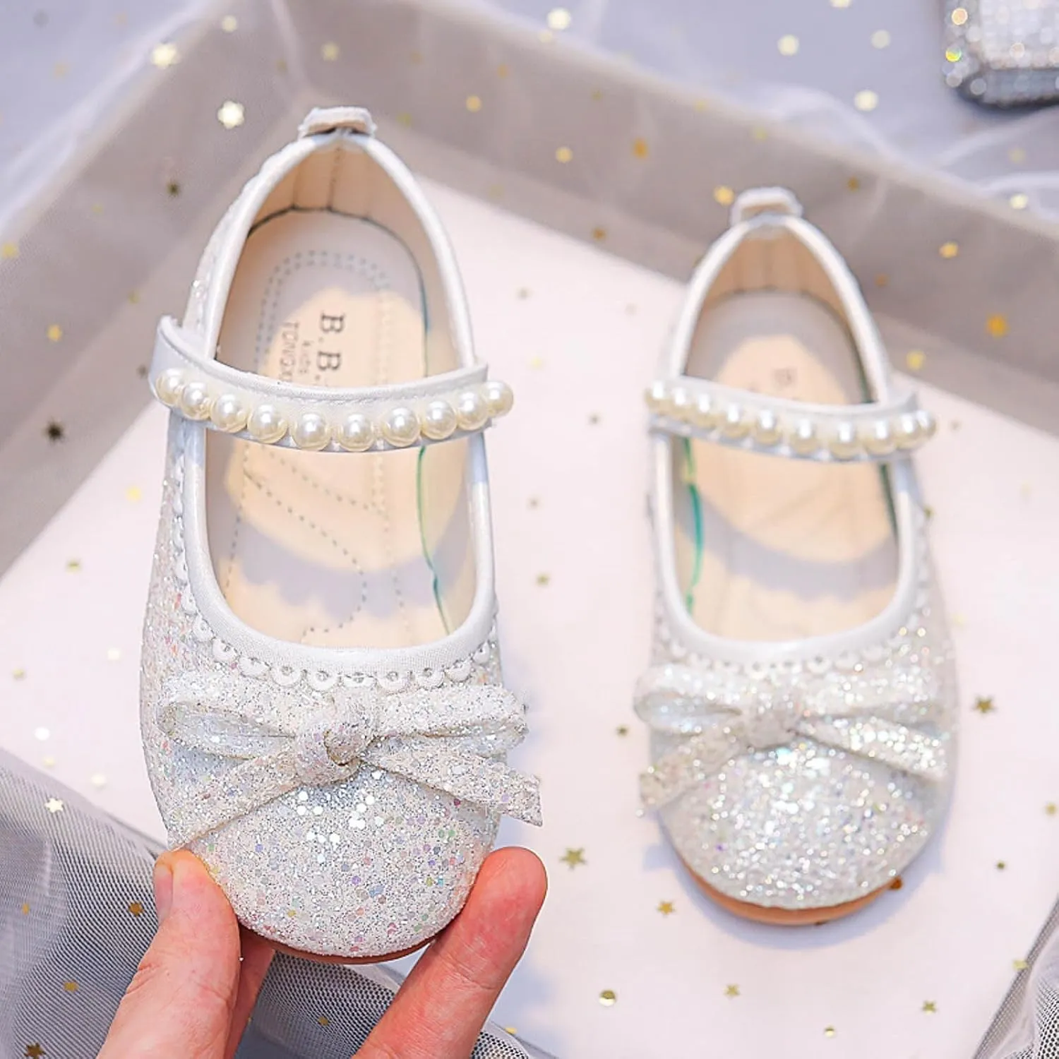 Girl's Mary Jane Bow Elastic Strap Ballerina Flat Flower Bridesmaids Heels Glitter Princess Shoes Baptism Dress Shoes