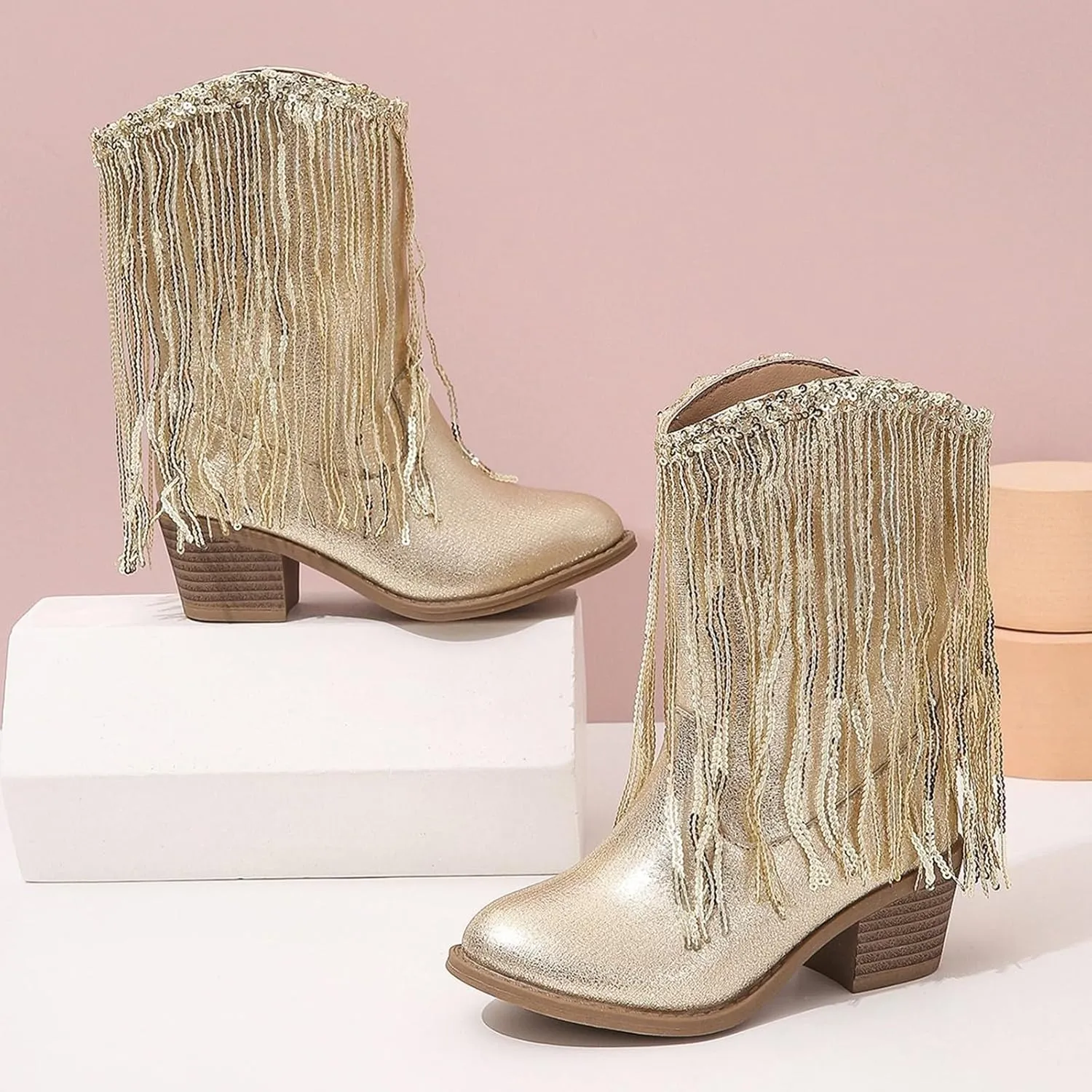 Girls Sequin Boots Winter aterproof Flat Warm Sparkly Snow Boots Kids Cozy Western Leather Shoes For Little Kid