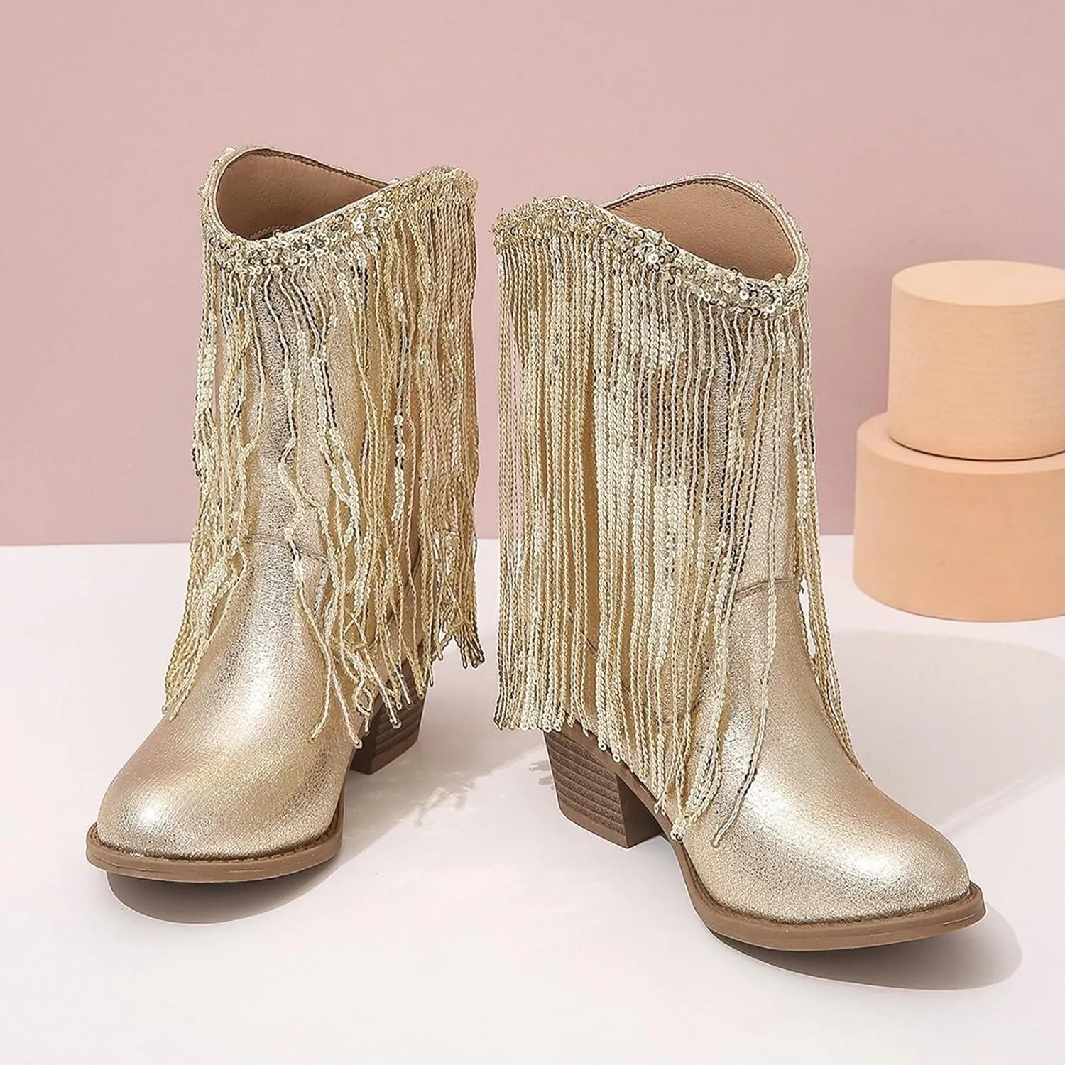 Girls Sequin Boots Winter aterproof Flat Warm Sparkly Snow Boots Kids Cozy Western Leather Shoes For Little Kid