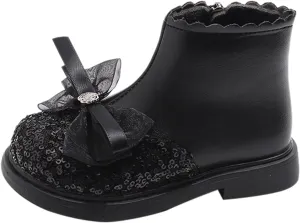 Girls Sequin Bowknot Ankle Boot Low Heel Lightweight Comfy Soft Birthday Dress Shoes Two Girl under The Boot
