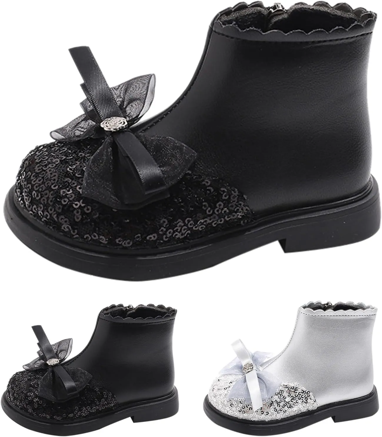 Girls Sequin Bowknot Ankle Boot Low Heel Lightweight Comfy Soft Birthday Dress Shoes Two Girl under The Boot