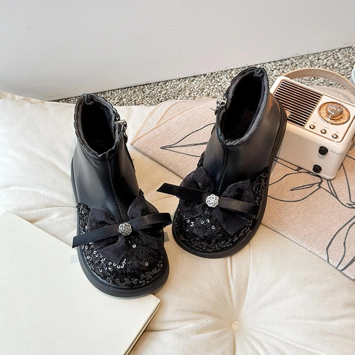 Girls Sequin Bowknot Ankle Boot Low Heel Lightweight Comfy Soft Birthday Dress Shoes Two Girl under The Boot