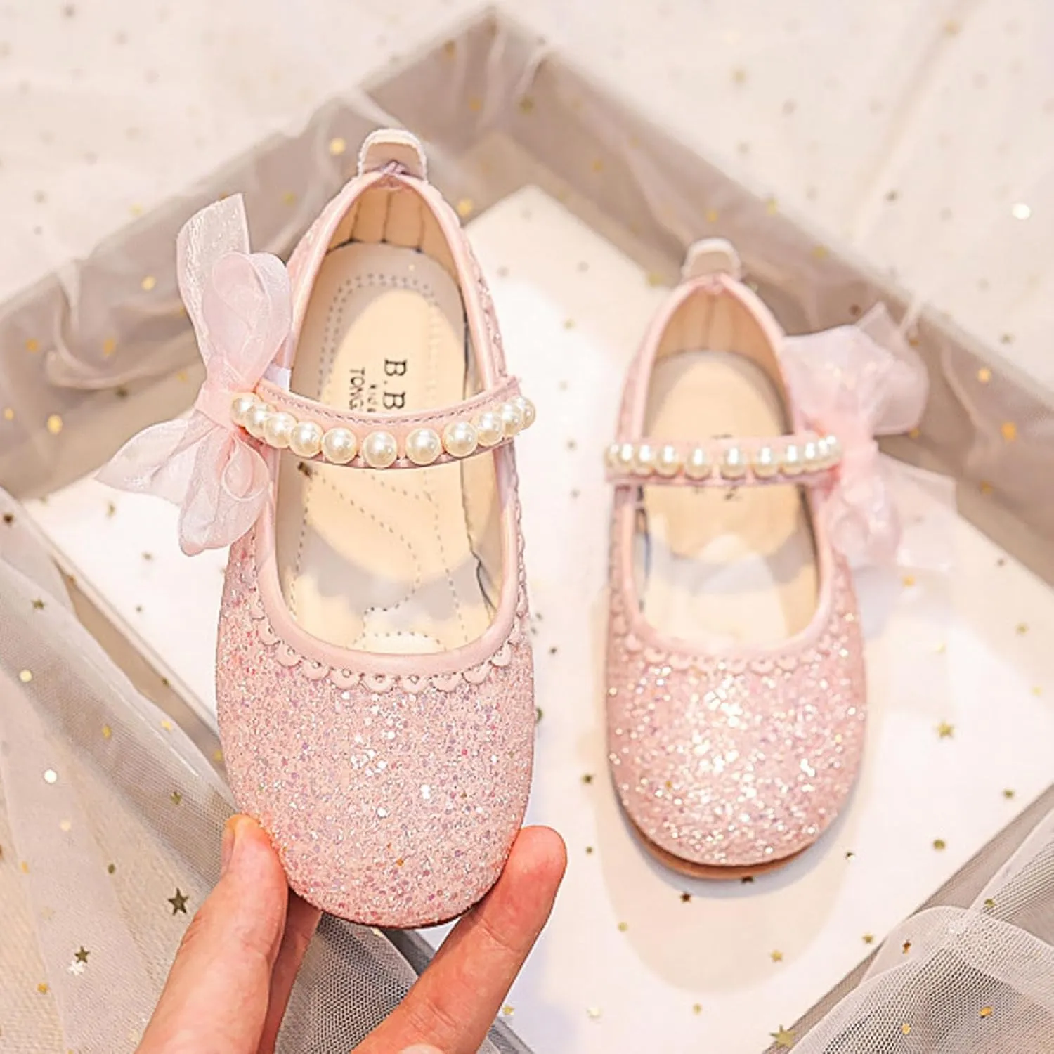 IWIHMIV Flower Girls Slip On Dress Pearl Bow Comfortable Soft Soled Flat Bottom Mary Jane Shoes for Party Wedding