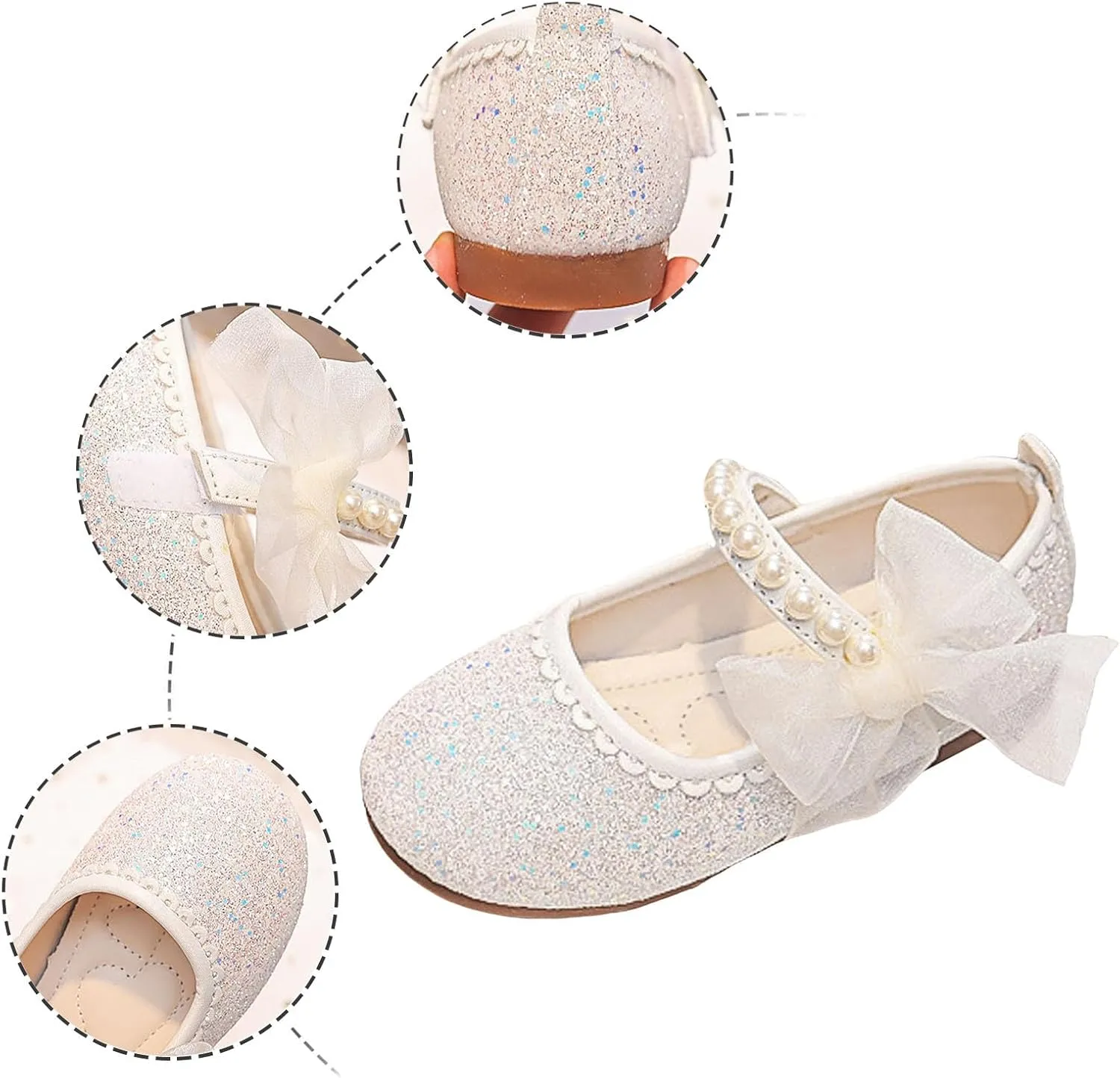 IWIHMIV Flower Girls Slip On Dress Pearl Bow Comfortable Soft Soled Flat Bottom Mary Jane Shoes for Party Wedding