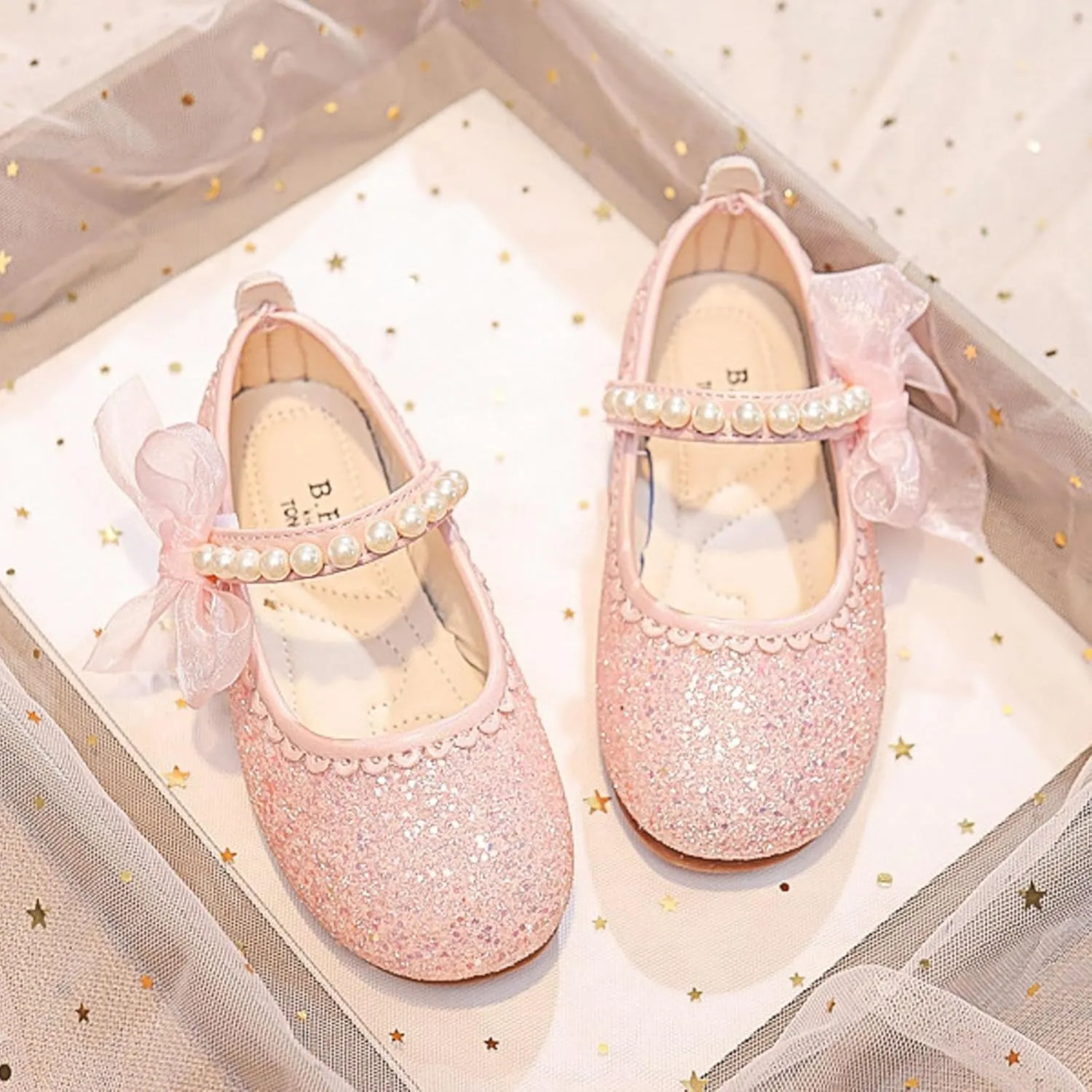 IWIHMIV Flower Girls Slip On Dress Pearl Bow Comfortable Soft Soled Flat Bottom Mary Jane Shoes for Party Wedding