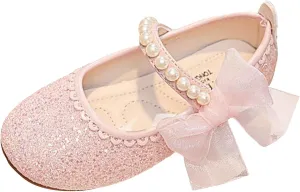 IWIHMIV Flower Girls Slip On Dress Pearl Bow Comfortable Soft Soled Flat Bottom Mary Jane Shoes for Party Wedding