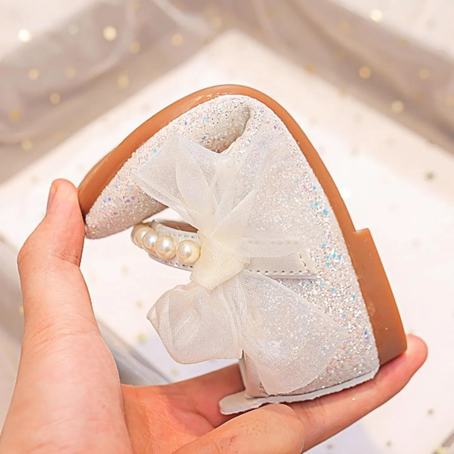 IWIHMIV Flower Girls Slip On Dress Pearl Bow Comfortable Soft Soled Flat Bottom Mary Jane Shoes for Party Wedding