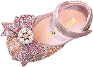 IWIHMIV Girls Mary Jane Dress Shoes Ballet Flat with Bow Pearl Rhinestones Shining Baby Girls Shoes