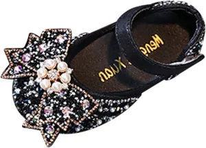 IWIHMIV Girls Mary Jane Dress Shoes Ballet Flat with Bow Pearl Rhinestones Shining Baby Girls Shoes