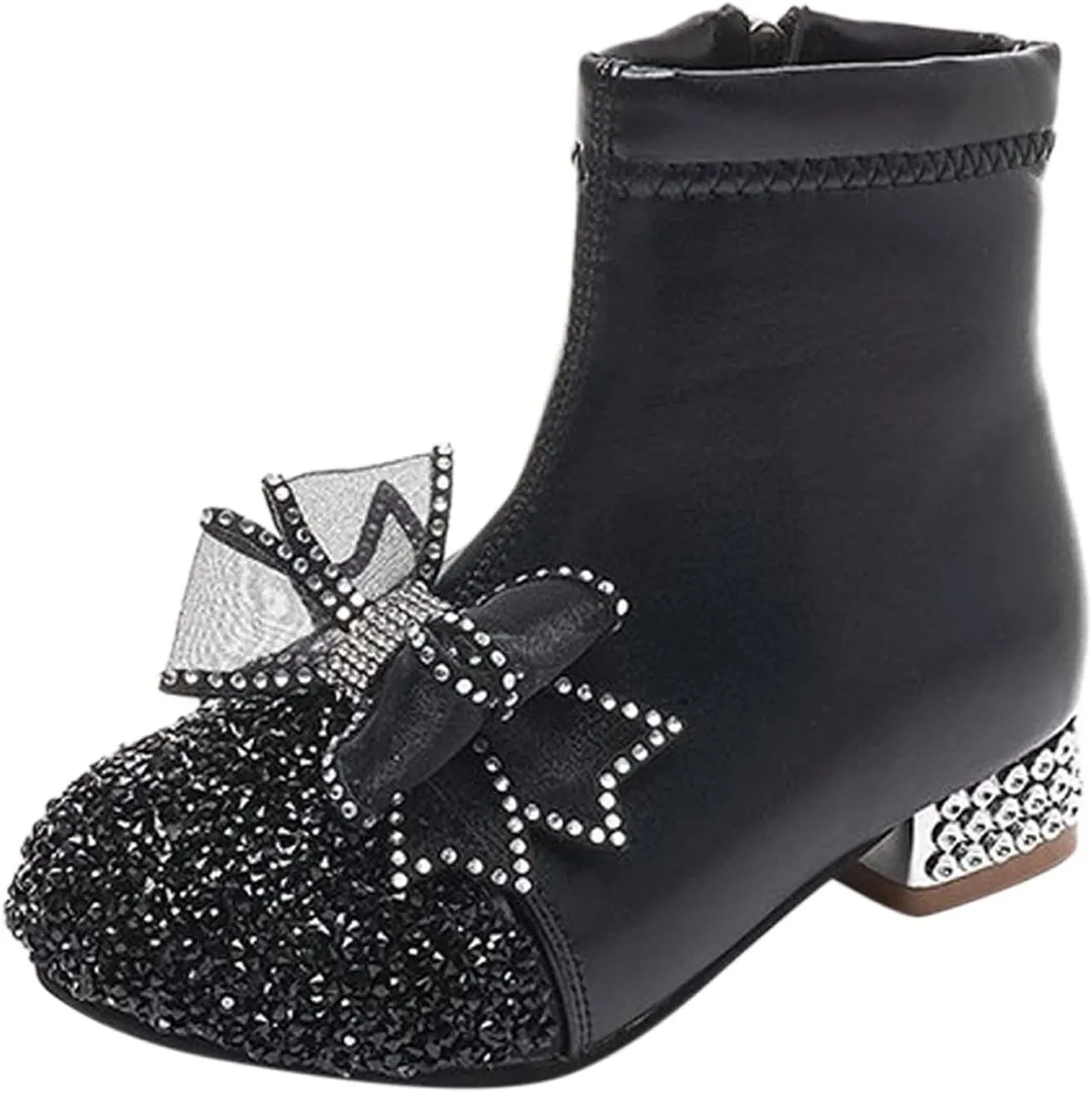 Kids Bowknot Sequin Sparkly Ankle Boots for Girls Low Heel Dress Booties 2024 Fashion Side Zipper Glitter Big Girl Shoe