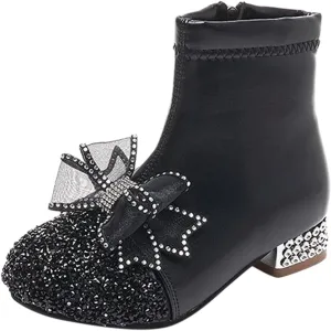 Kids Bowknot Sequin Sparkly Ankle Boots for Girls Low Heel Dress Booties 2024 Fashion Side Zipper Glitter Big Girl Shoe