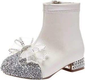 Kids Bowknot Sequin Sparkly Ankle Boots for Girls Low Heel Dress Booties 2024 Fashion Side Zipper Glitter Shoes