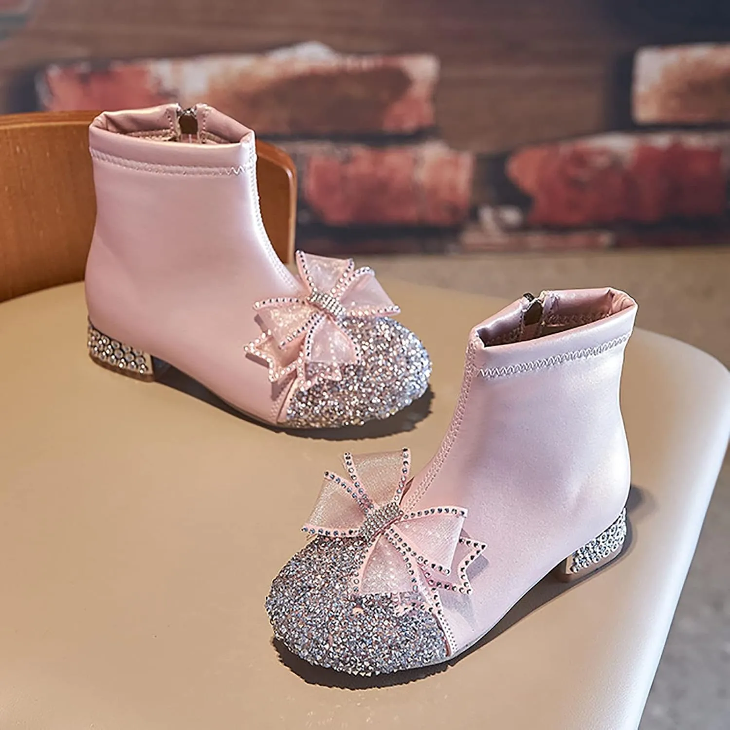 Kids Bowknot Sequin Sparkly Ankle Boots for Girls Low Heel Dress Booties 2024 Fashion Side Zipper Glitter Shoes