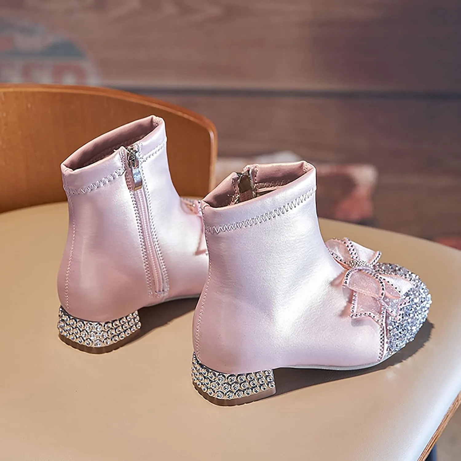 Kids Bowknot Sequin Sparkly Ankle Boots for Girls Low Heel Dress Booties 2024 Fashion Side Zipper Glitter Shoes