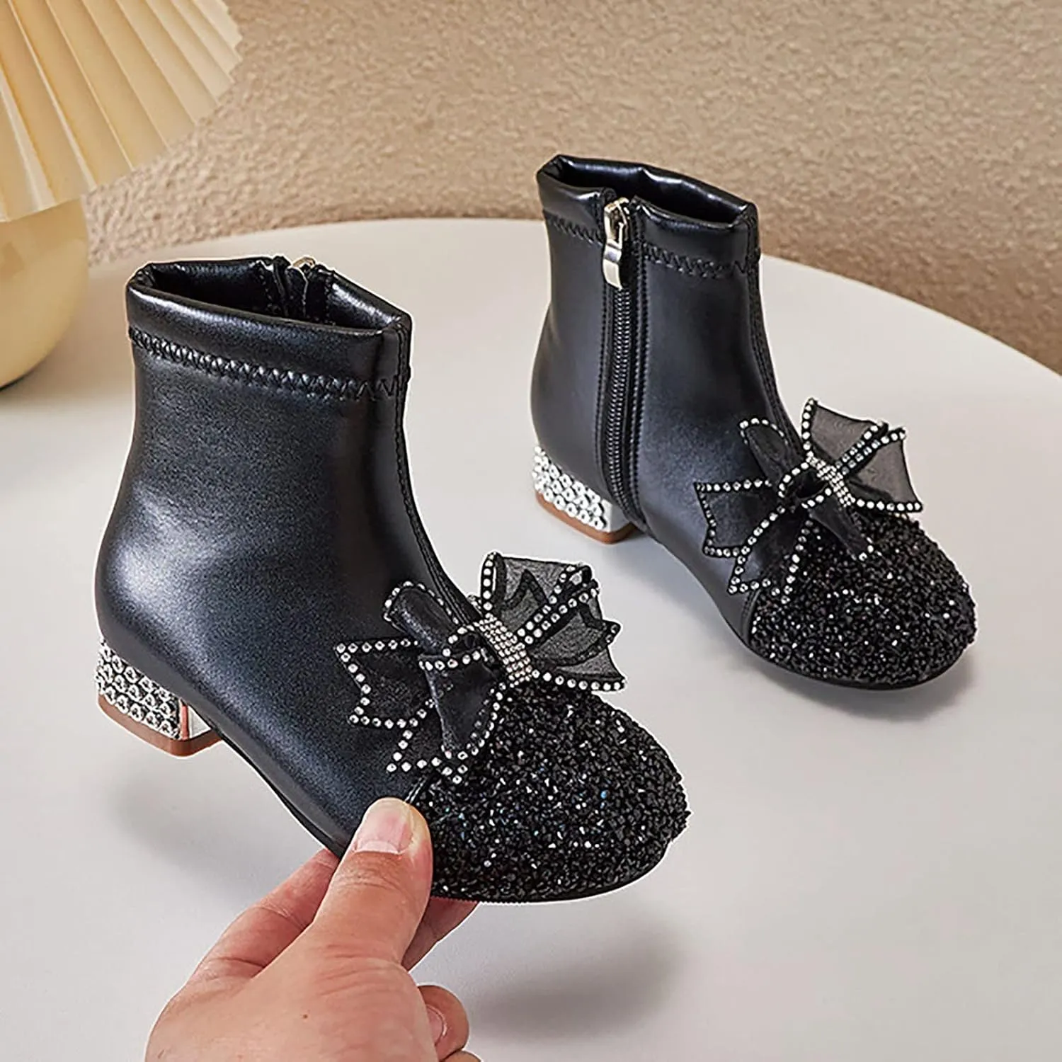 Kids Bowknot Sequin Sparkly Ankle Boots for Girls Low Heel Dress Booties 2024 Fashion Side Zipper Glitter Shoes