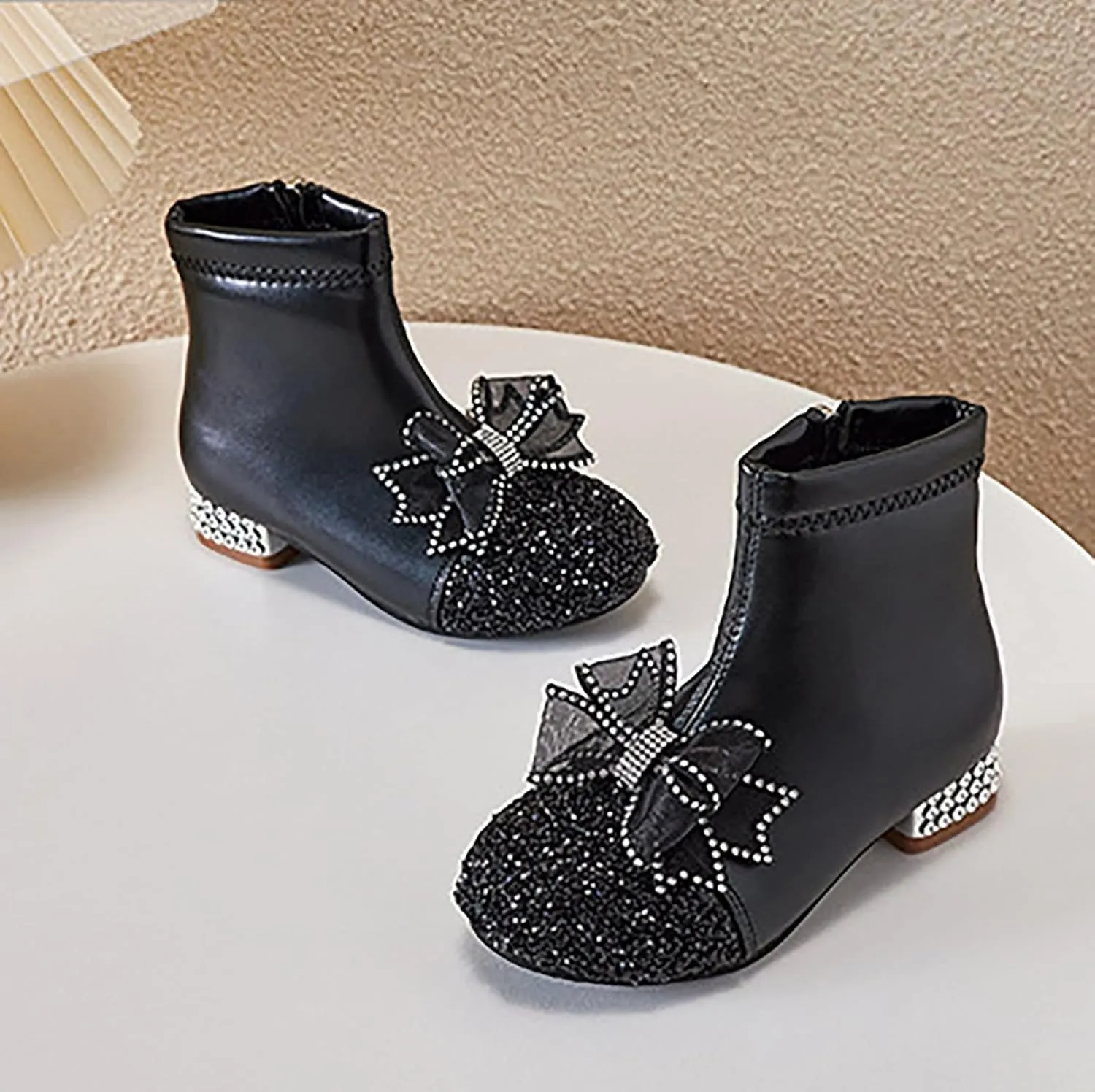 Kids Bowknot Sequin Sparkly Ankle Boots for Girls Low Heel Dress Booties 2024 Fashion Side Zipper Glitter Shoes