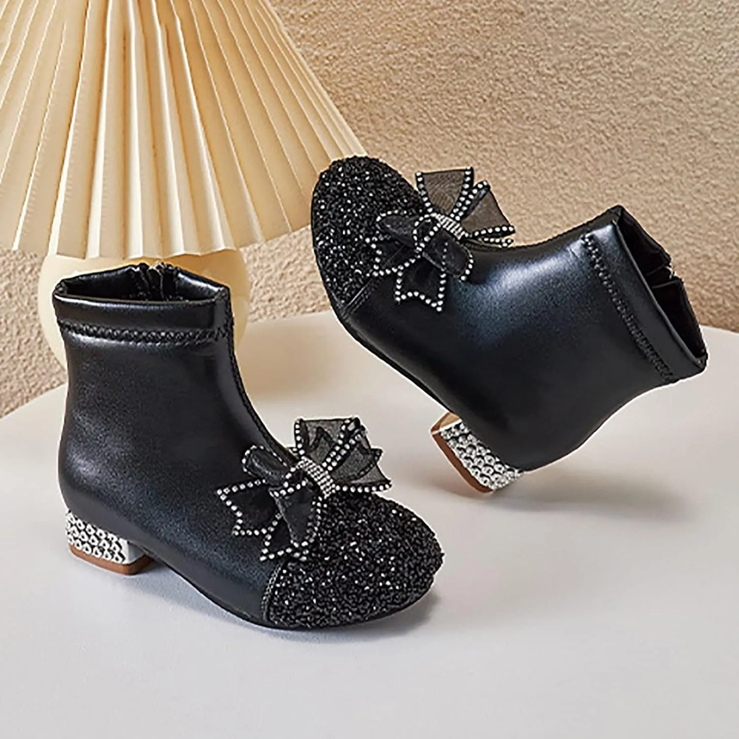 Kids Bowknot Sequin Sparkly Ankle Boots for Girls Low Heel Dress Booties 2024 Fashion Side Zipper Glitter Shoes