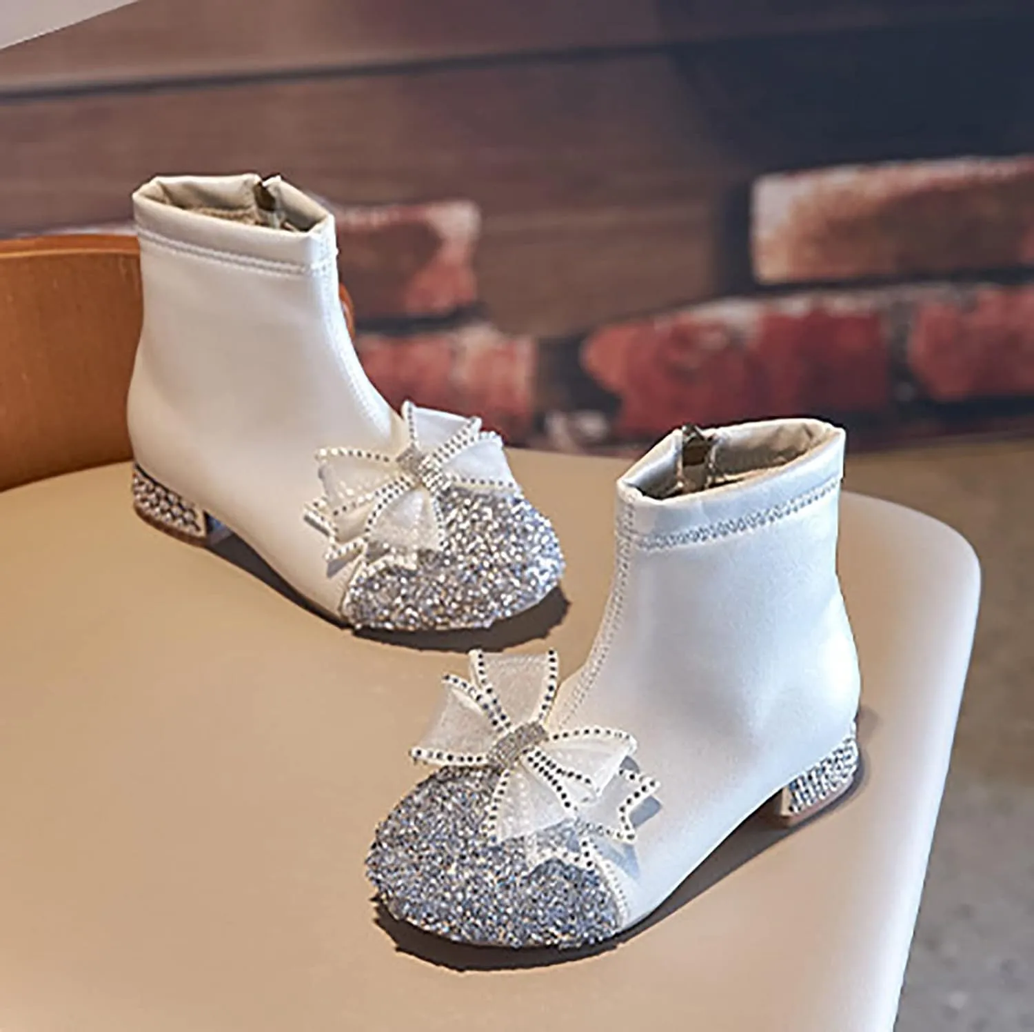 Kids Bowknot Sequin Sparkly Ankle Boots for Girls Low Heel Dress Booties 2024 Fashion Side Zipper Glitter Shoes
