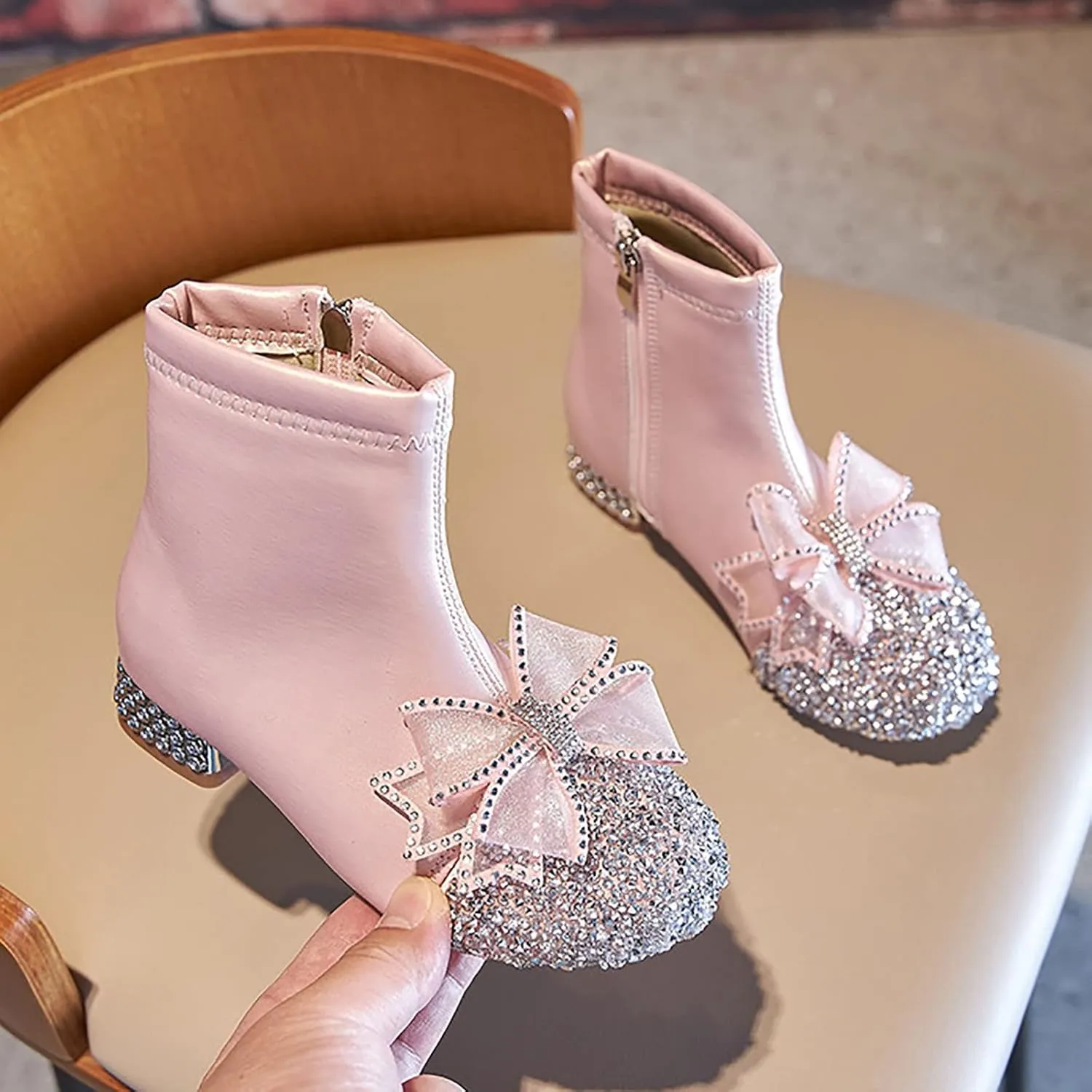 Kids Bowknot Sequin Sparkly Ankle Boots for Girls Low Heel Dress Booties 2024 Fashion Side Zipper Glitter Shoes