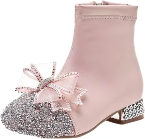 Kids Bowknot Sequin Sparkly Ankle Boots for Girls Low Heel Dress Booties 2024 Fashion Side Zipper Glitter Shoes