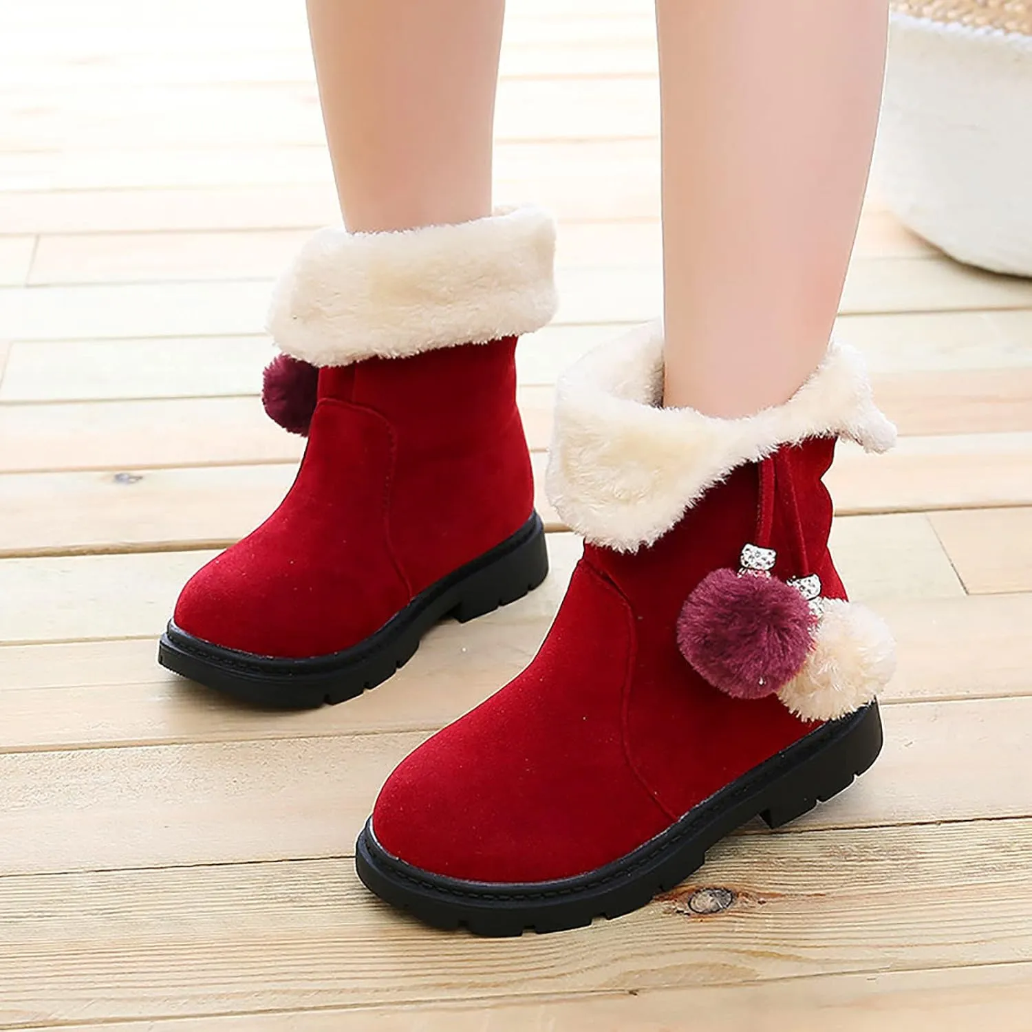 Kids Girls Winter Snow Boots Warm Plush Shoes Faux Fur Lined Ankle Short Boots Flat Heel Mid Calf Slouchy Boot Shoes