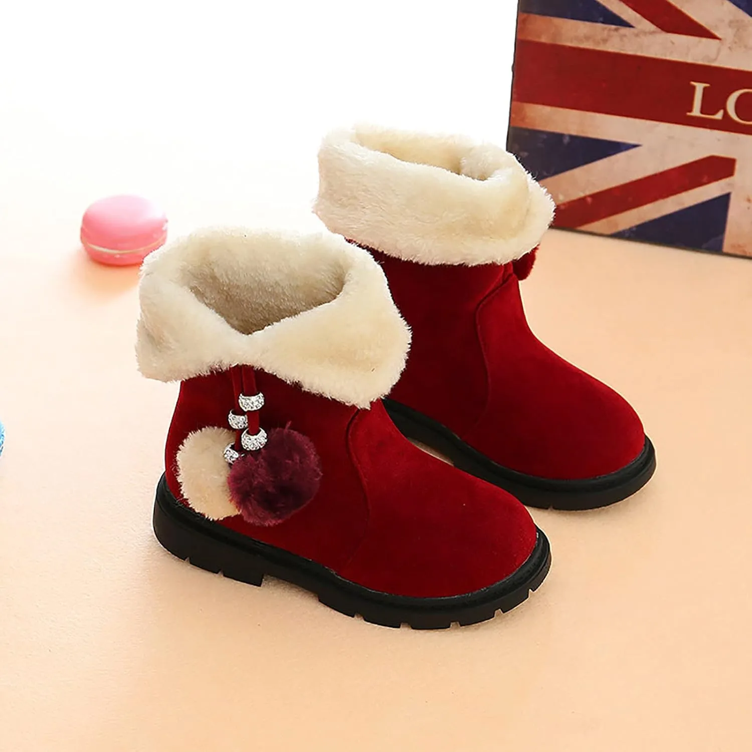 Kids Girls Winter Snow Boots Warm Plush Shoes Faux Fur Lined Ankle Short Boots Flat Heel Mid Calf Slouchy Boot Shoes