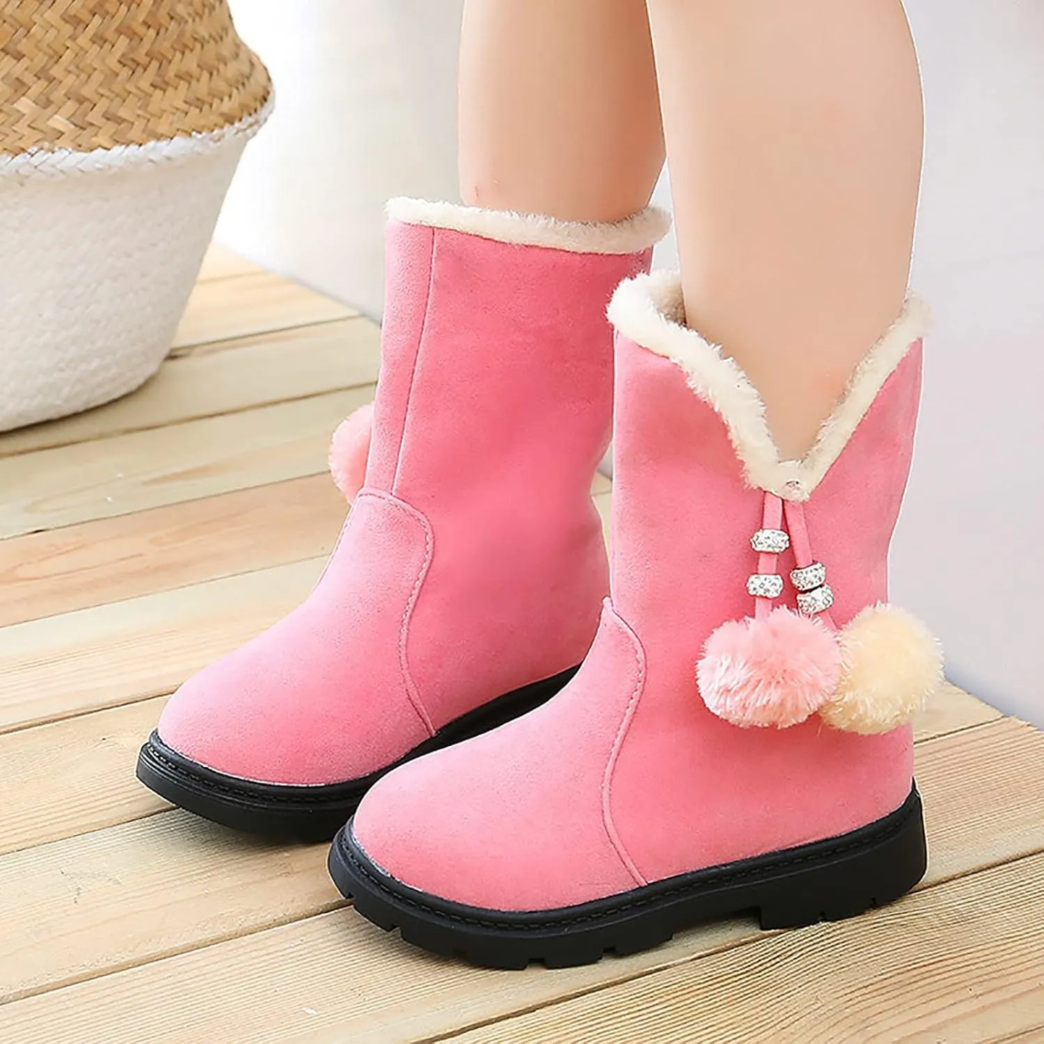 Kids Girls Winter Snow Boots Warm Plush Shoes Faux Fur Lined Ankle Short Boots Flat Heel Mid Calf Slouchy Boot Shoes
