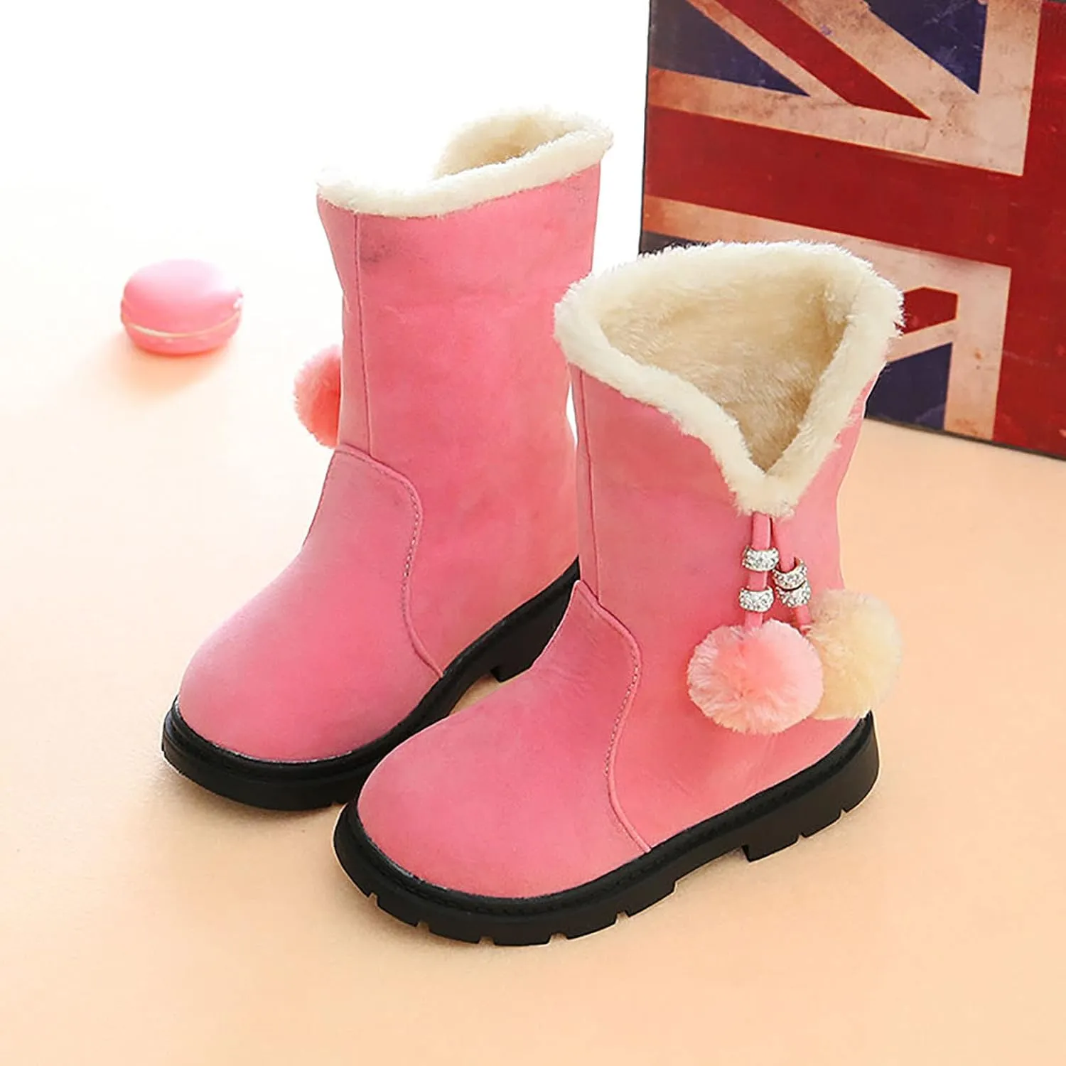 Kids Girls Winter Snow Boots Warm Plush Shoes Faux Fur Lined Ankle Short Boots Flat Heel Mid Calf Slouchy Boot Shoes