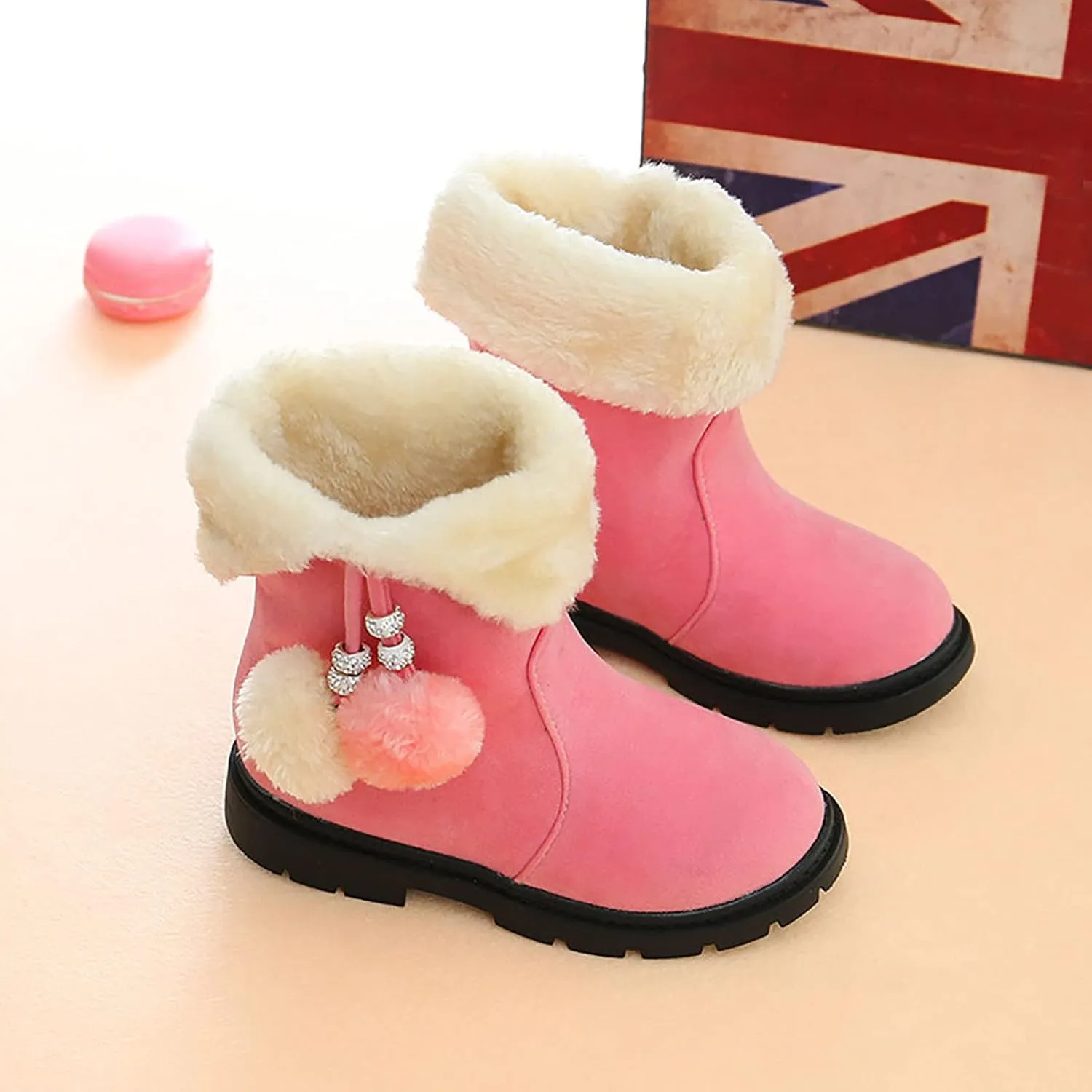 Kids Girls Winter Snow Boots Warm Plush Shoes Faux Fur Lined Ankle Short Boots Flat Heel Mid Calf Slouchy Boot Shoes