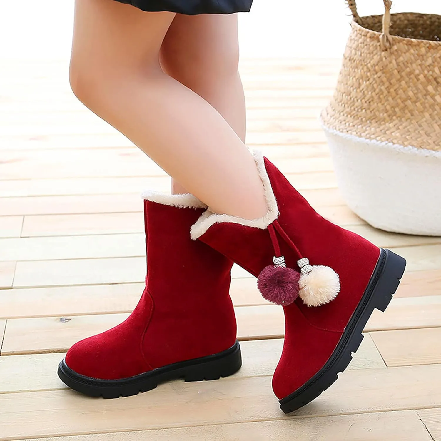 Kids Girls Winter Snow Boots Warm Plush Shoes Faux Fur Lined Ankle Short Boots Flat Heel Mid Calf Slouchy Boot Shoes