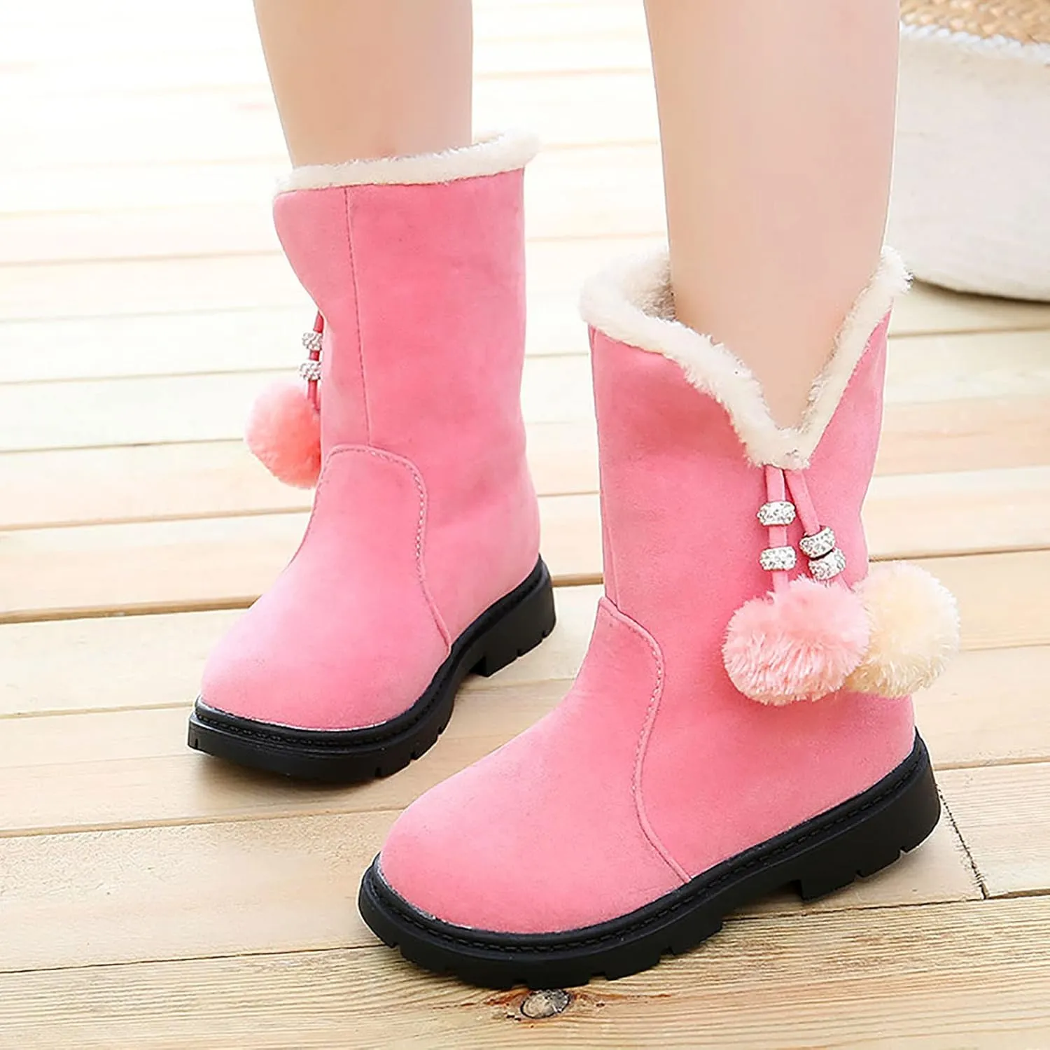 Kids Girls Winter Snow Boots Warm Plush Shoes Faux Fur Lined Ankle Short Boots Flat Heel Mid Calf Slouchy Boot Shoes