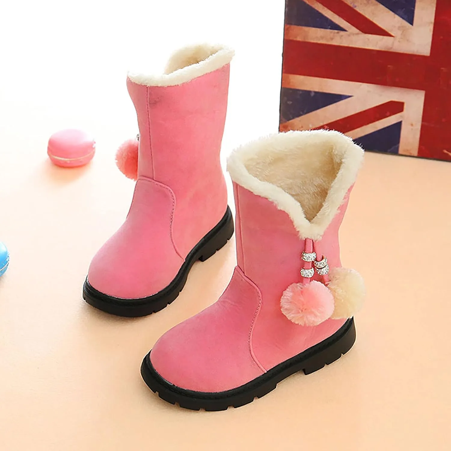 Kids Girls Winter Snow Boots Warm Plush Shoes Faux Fur Lined Ankle Short Boots Flat Heel Mid Calf Slouchy Boot Shoes