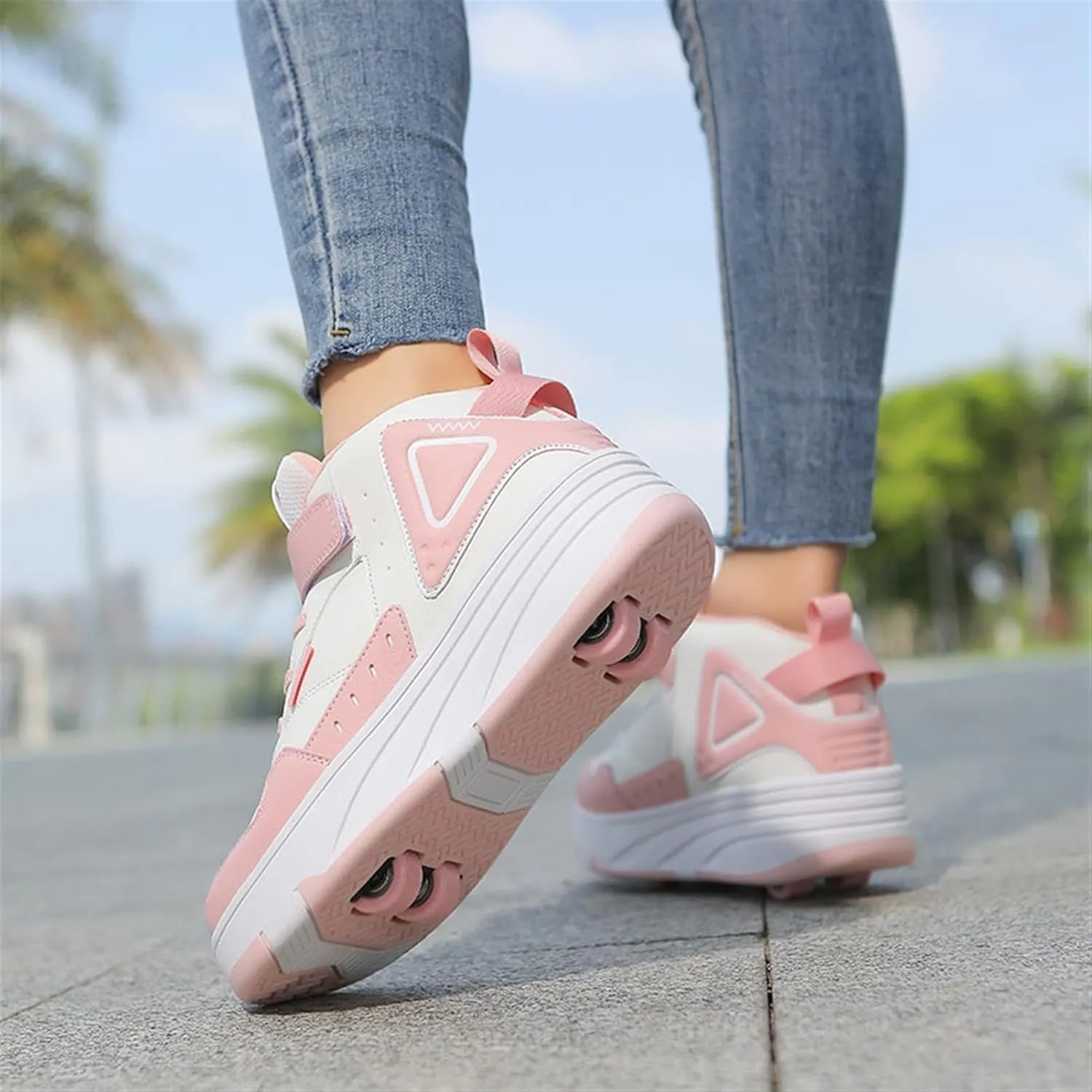 Kids Roller Shoes for Girls Boys, 4-Wheel Removable Roller Skates Sneakers Beginners Wheeled Sports Shoes Outdoor Fitness Trainers