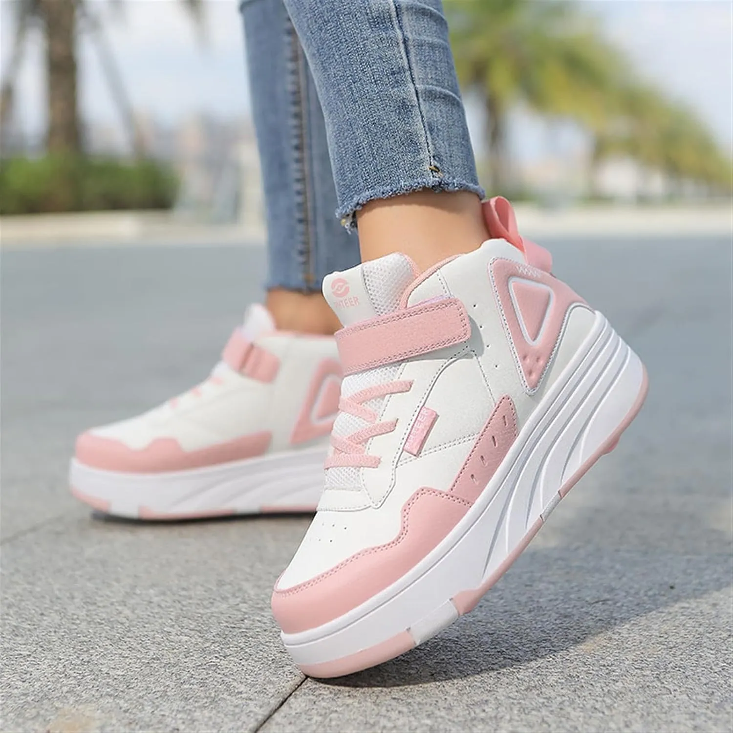 Kids Roller Shoes for Girls Boys, 4-Wheel Removable Roller Skates Sneakers Beginners Wheeled Sports Shoes Outdoor Fitness Trainers