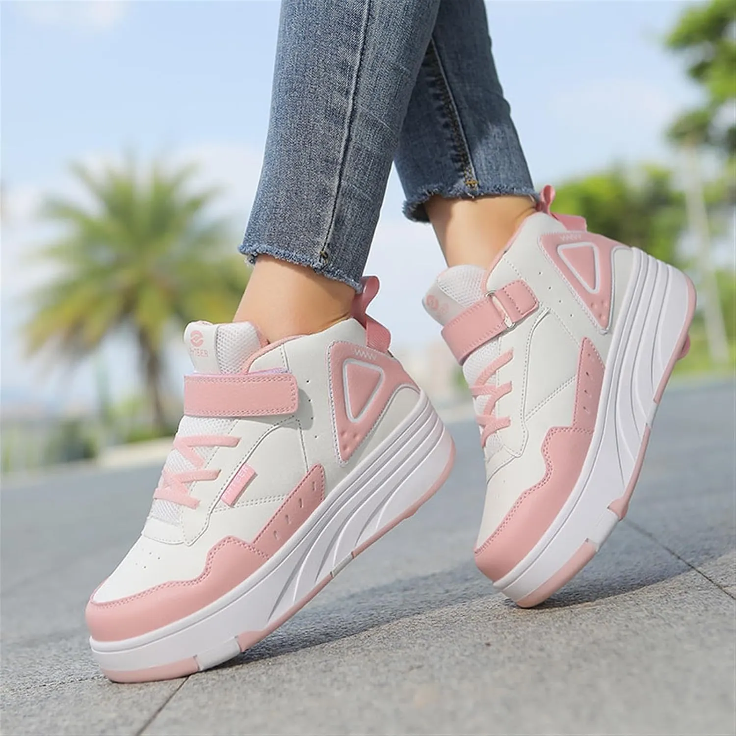 Kids Roller Shoes for Girls Boys, 4-Wheel Removable Roller Skates Sneakers Beginners Wheeled Sports Shoes Outdoor Fitness Trainers