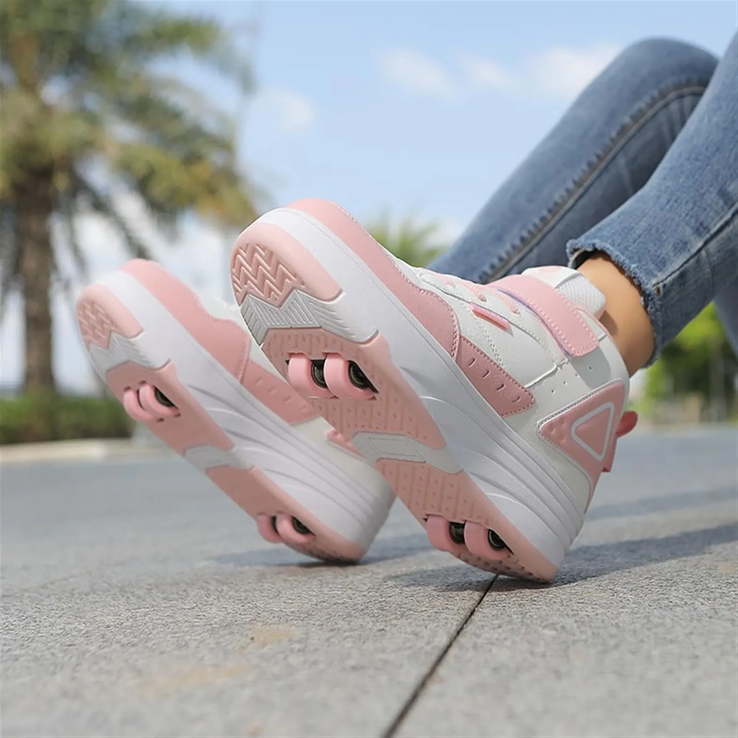 Kids Roller Shoes for Girls Boys, 4-Wheel Removable Roller Skates Sneakers Beginners Wheeled Sports Shoes Outdoor Fitness Trainers