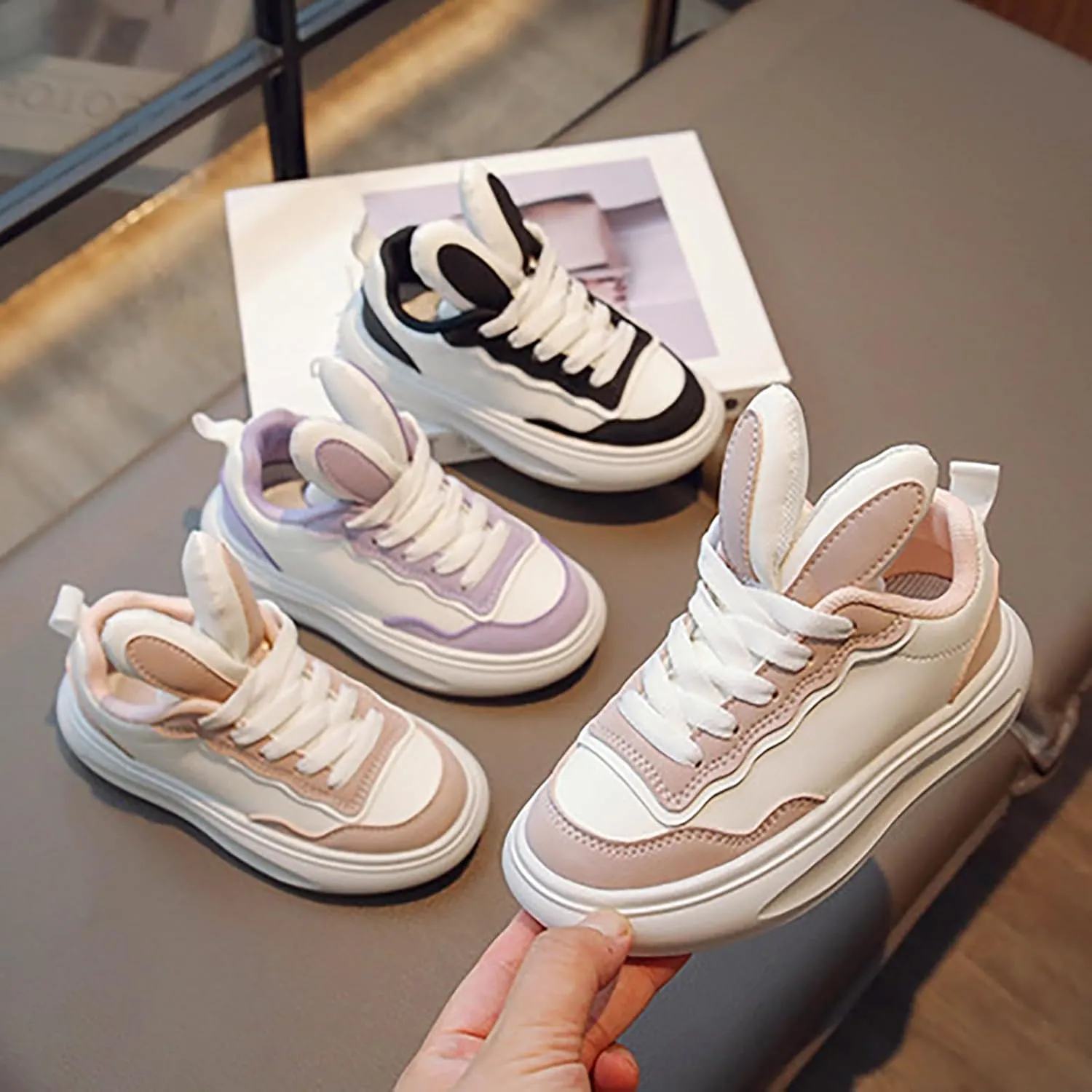 Kids Sneakers for Boys Girls Toddler Bunny Ear Canvas High Top Color Blocked Ripple Walking Causal Shoes
