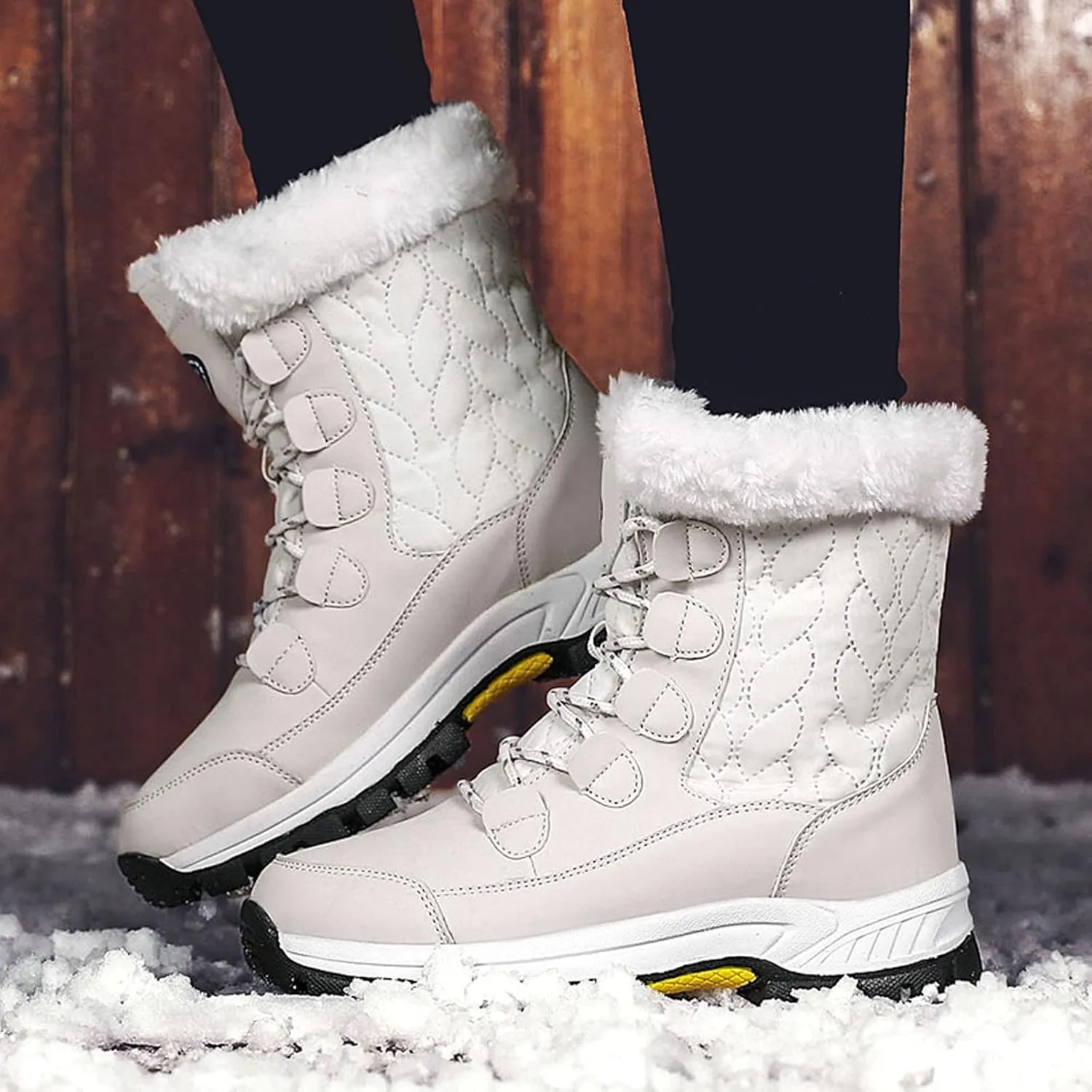Lace Up Mid Calf Snow Boots for Women Fleece Lined Warm Water Proof Boots Thick Bottom Non Slip Fuzzy Boots