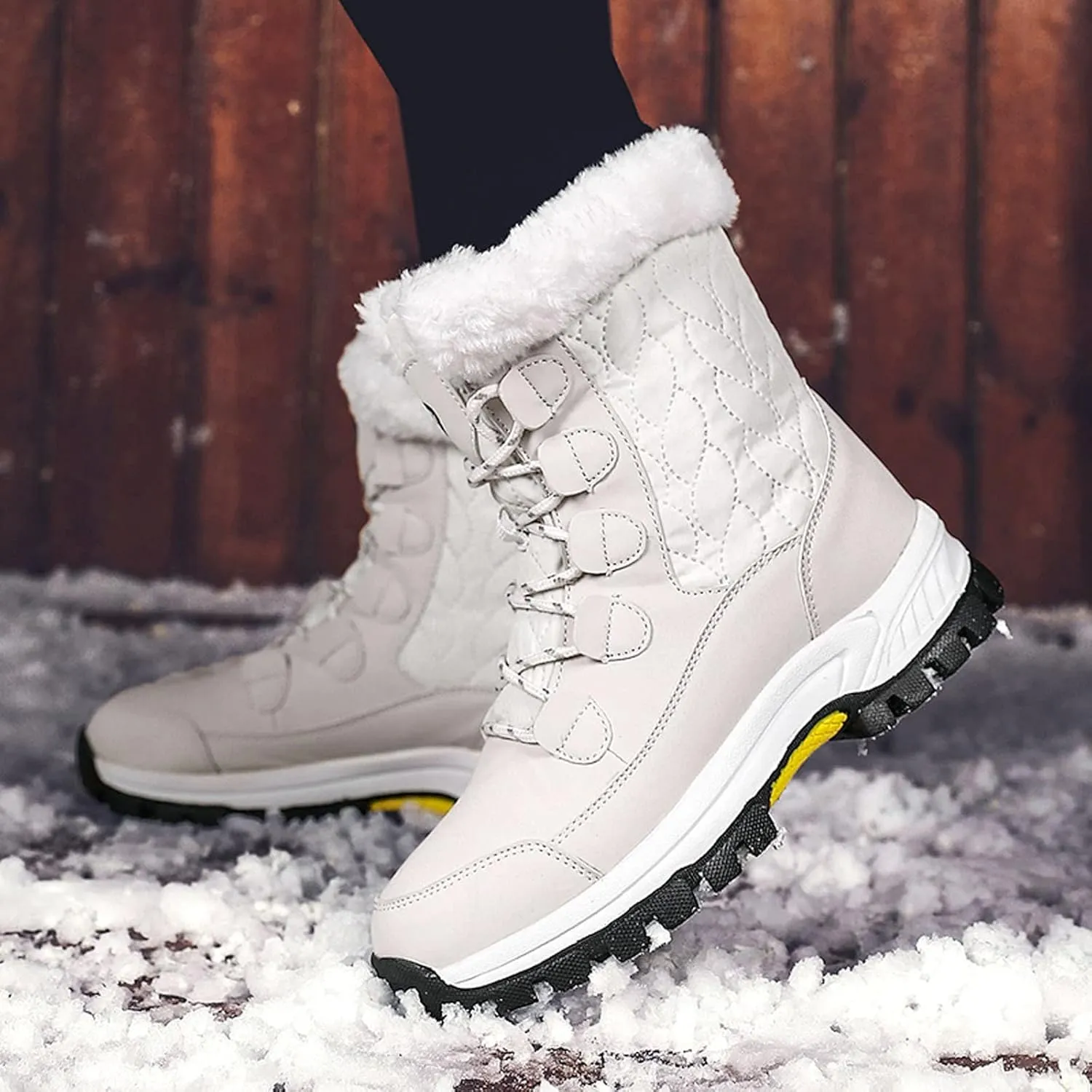 Lace Up Mid Calf Snow Boots for Women Fleece Lined Warm Water Proof Boots Thick Bottom Non Slip Fuzzy Boots