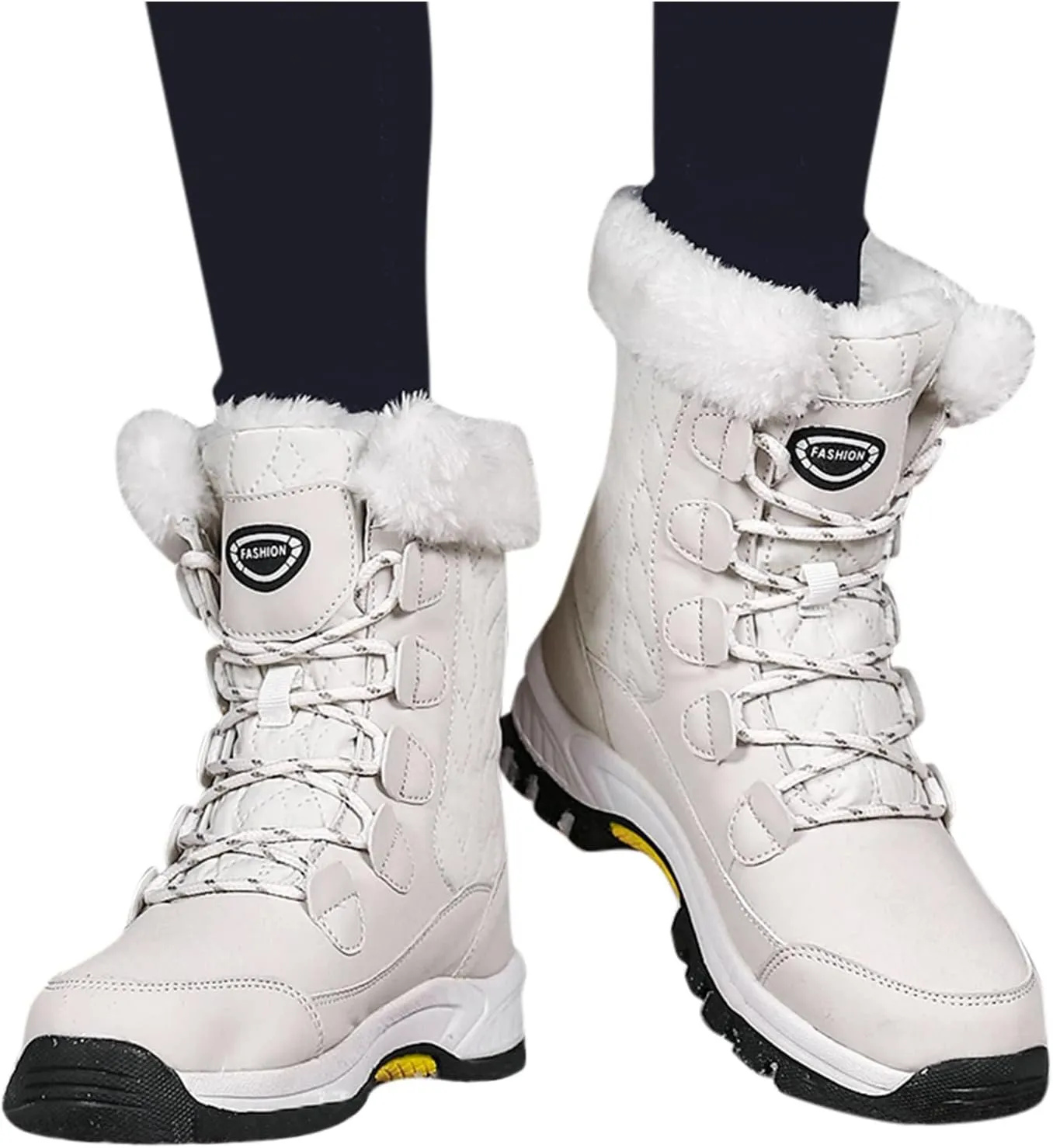 Lace Up Mid Calf Snow Boots for Women Fleece Lined Warm Water Proof Boots Thick Bottom Non Slip Fuzzy Boots
