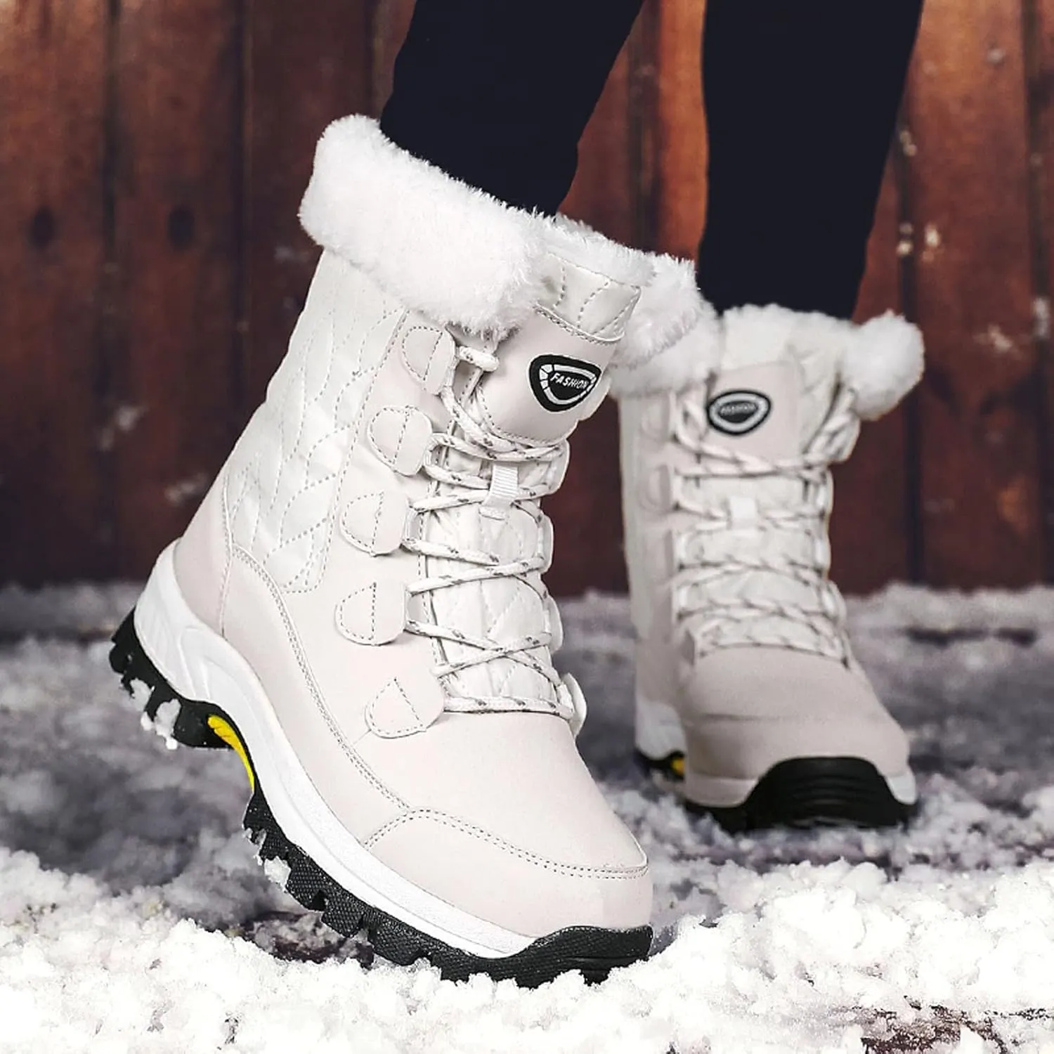 Lace Up Mid Calf Snow Boots for Women Fleece Lined Warm Water Proof Boots Thick Bottom Non Slip Fuzzy Boots