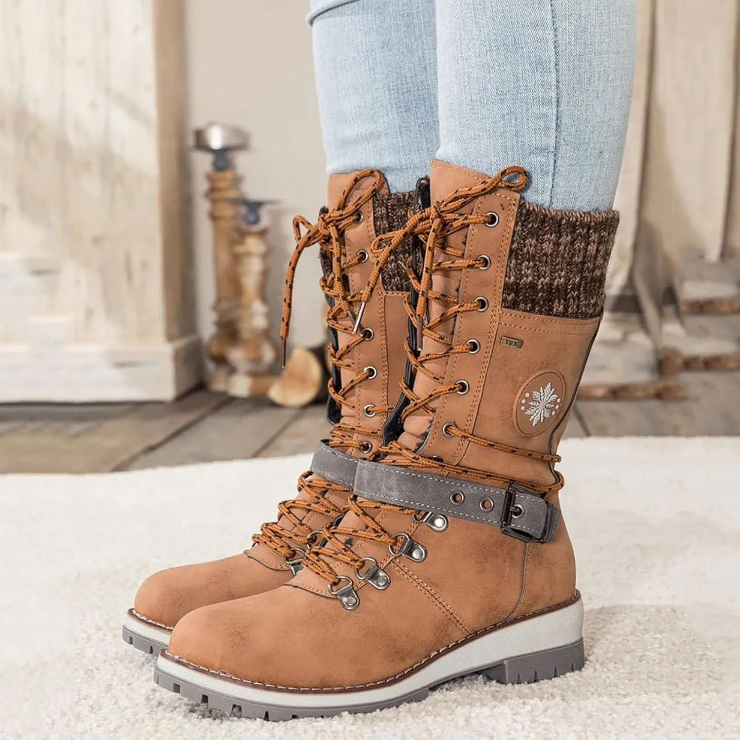 Lace Up Mid Calf Snow Boots for Women Square Heel Belt Boots Fleece Lined Warm Boots Classic Versatile Boots