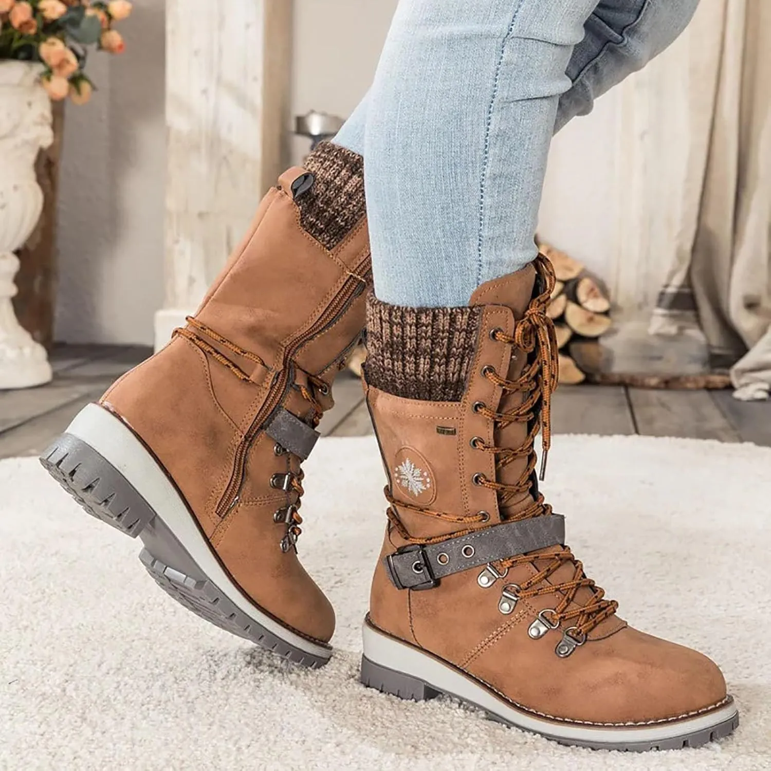 Lace Up Mid Calf Snow Boots for Women Square Heel Belt Boots Fleece Lined Warm Boots Classic Versatile Boots