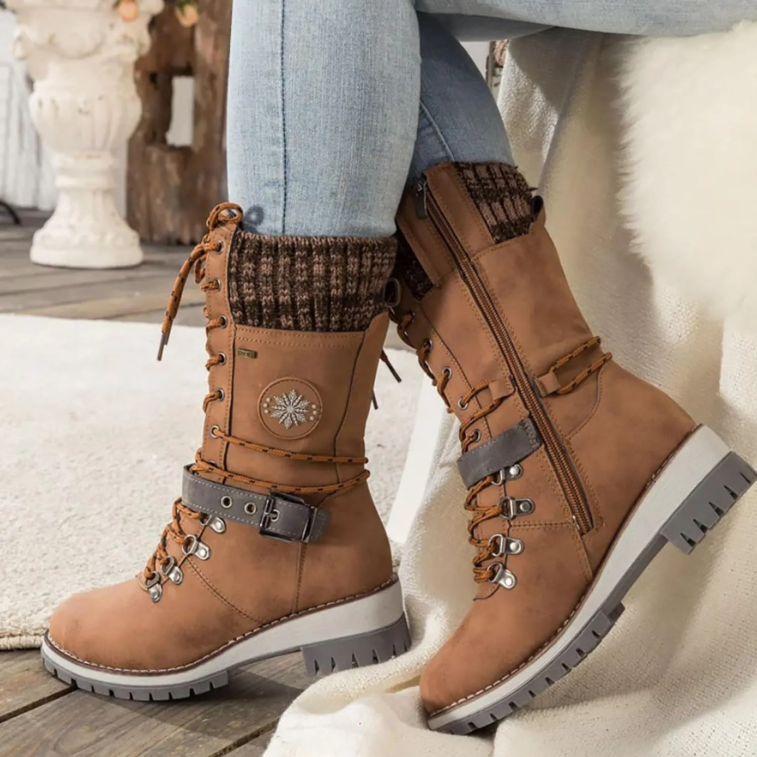 Lace Up Mid Calf Snow Boots for Women Square Heel Belt Boots Fleece Lined Warm Boots Classic Versatile Boots