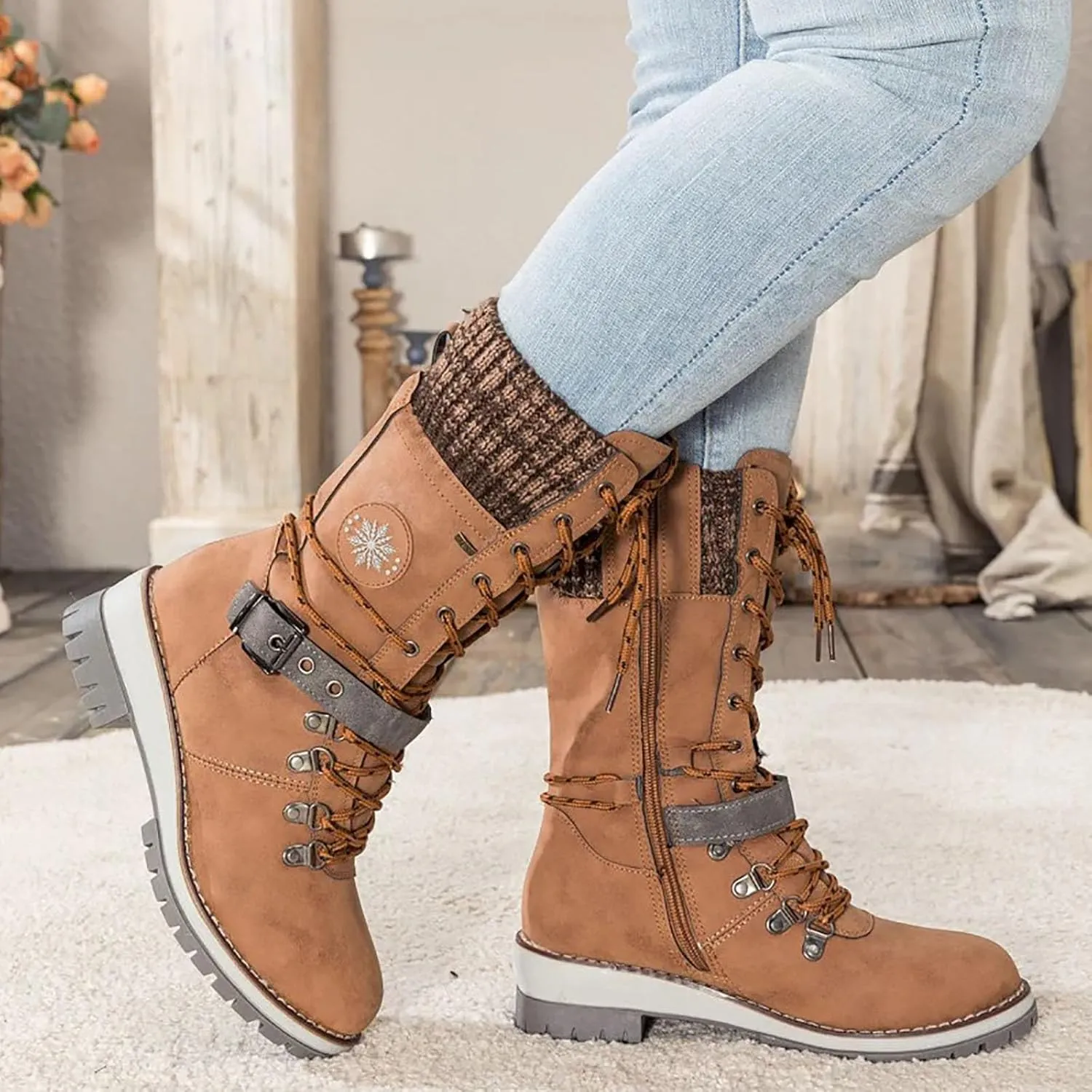 Lace Up Mid Calf Snow Boots for Women Square Heel Belt Boots Fleece Lined Warm Boots Classic Versatile Boots